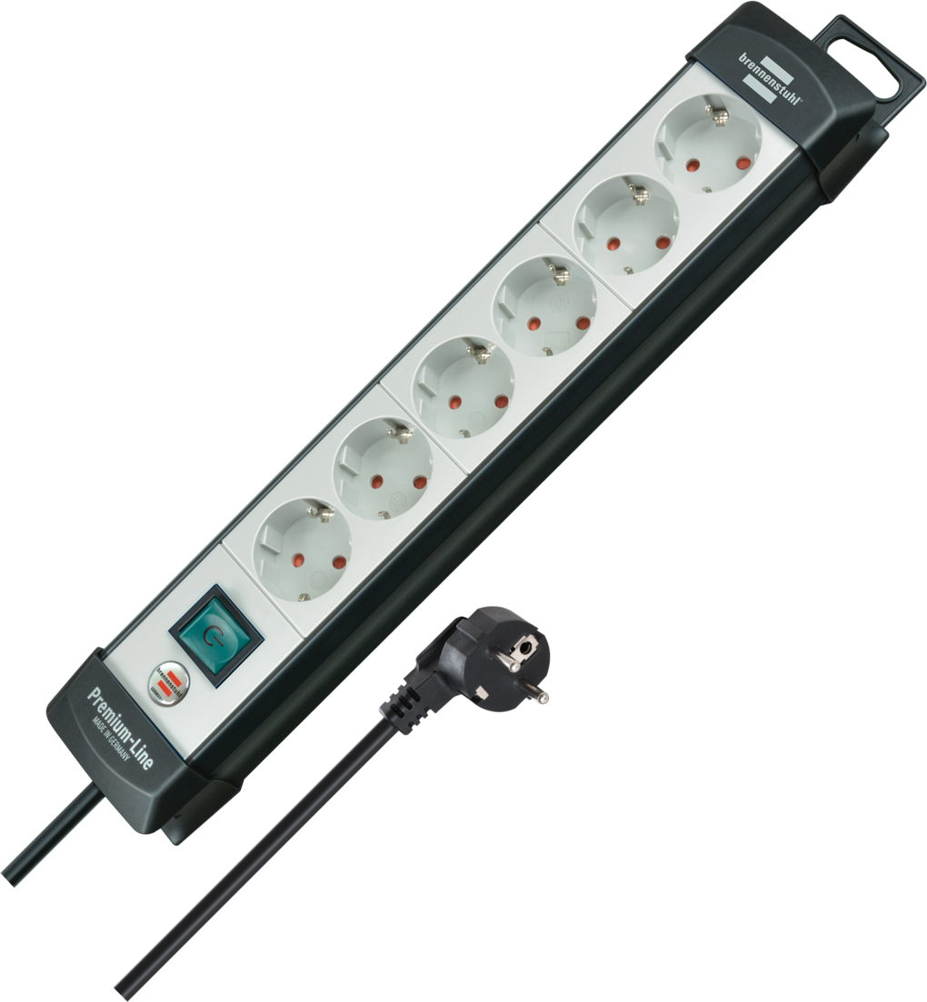 Schwarze Steckdosenleiste mit sechs Steckplätzen, EIN/AUS-Schalter und Stecker.