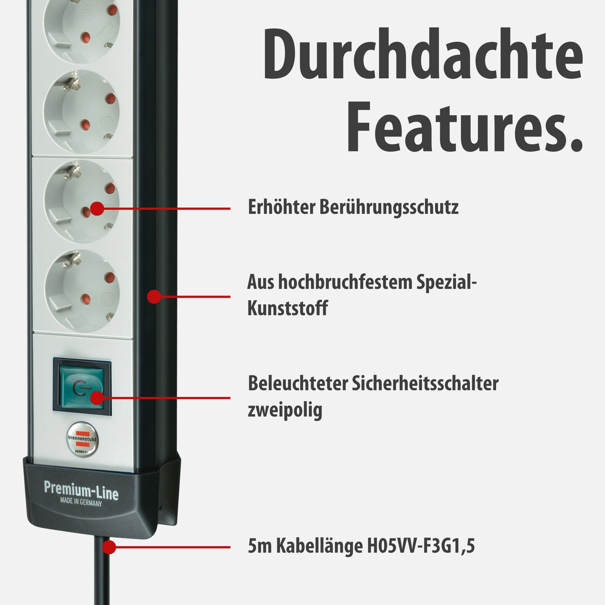 Eine Steckdosenleiste mit beleuchtetem Schalter, made in Germany.