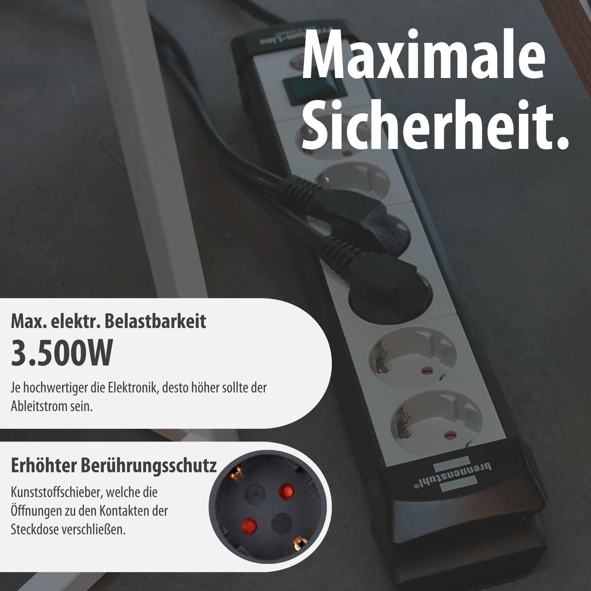 Schwarze Steckerleiste mit 4 Steckdosen, Schalter und Kabel. Maximale Sicherheit.