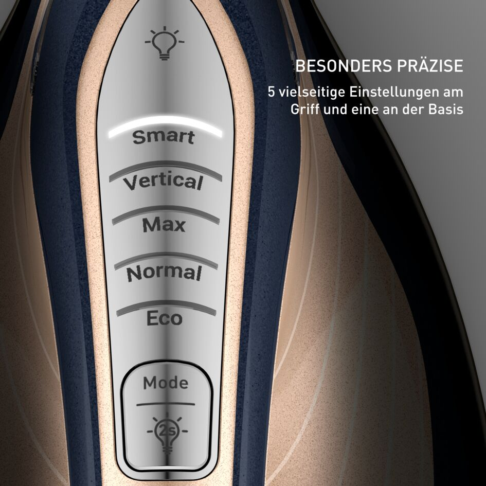 Detailansicht eines Bügeleisens mit beleuchteten Modi: Smart, Vertical, Max, Normal, Eco, Mode.