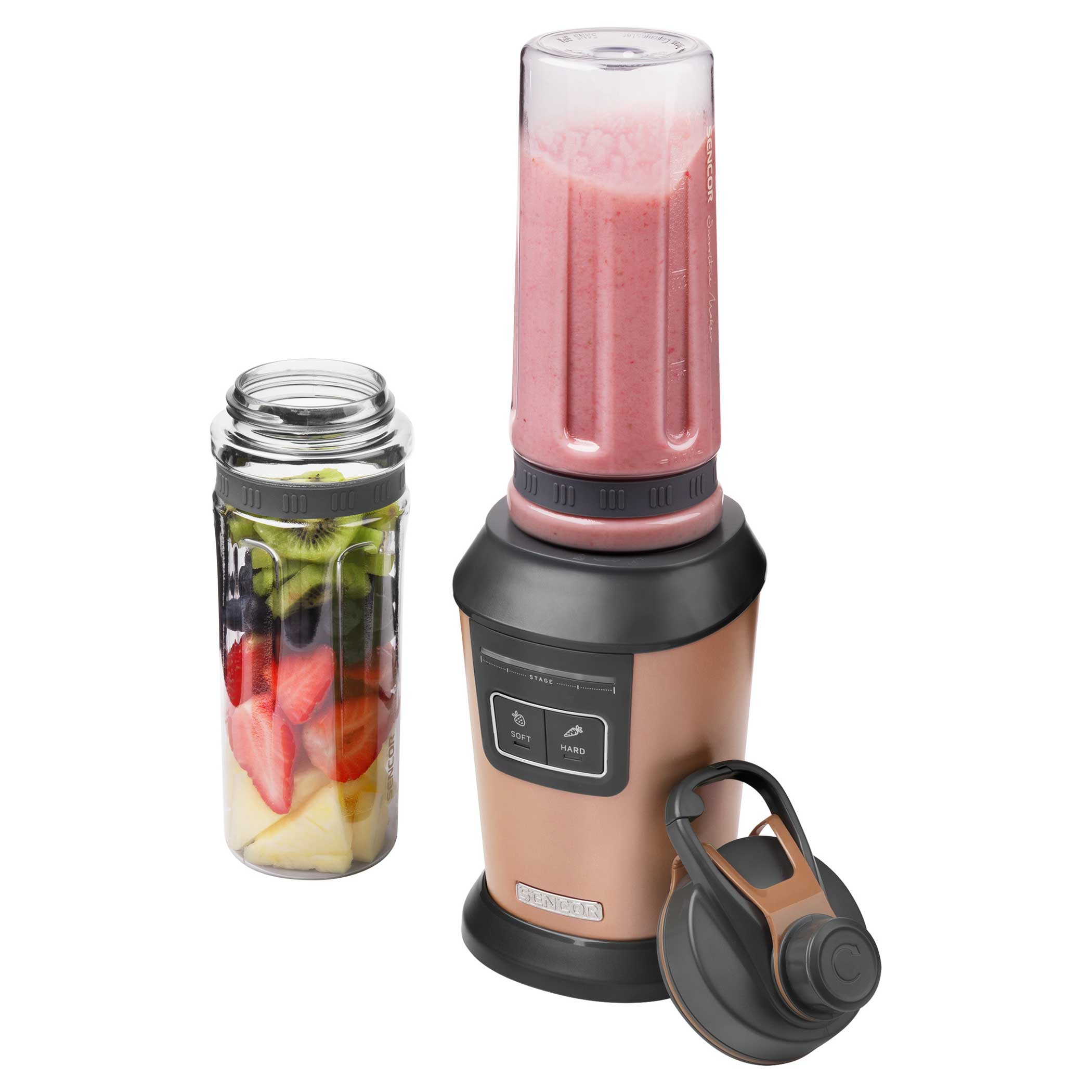 Turmixgép gyümölccsel teli pohárral és kész smoothie-s pohárral. Rozéarany alap.