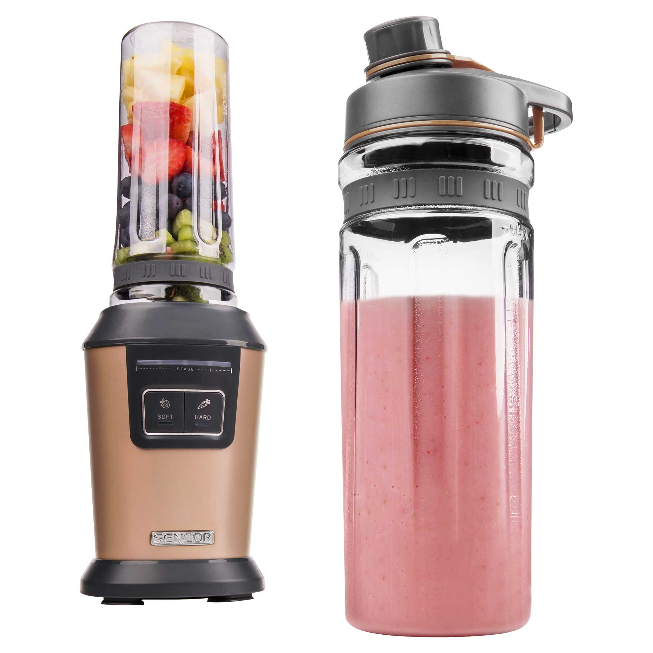 Egy turmixgép gyümölccsel és egy pohár smoothie-val.