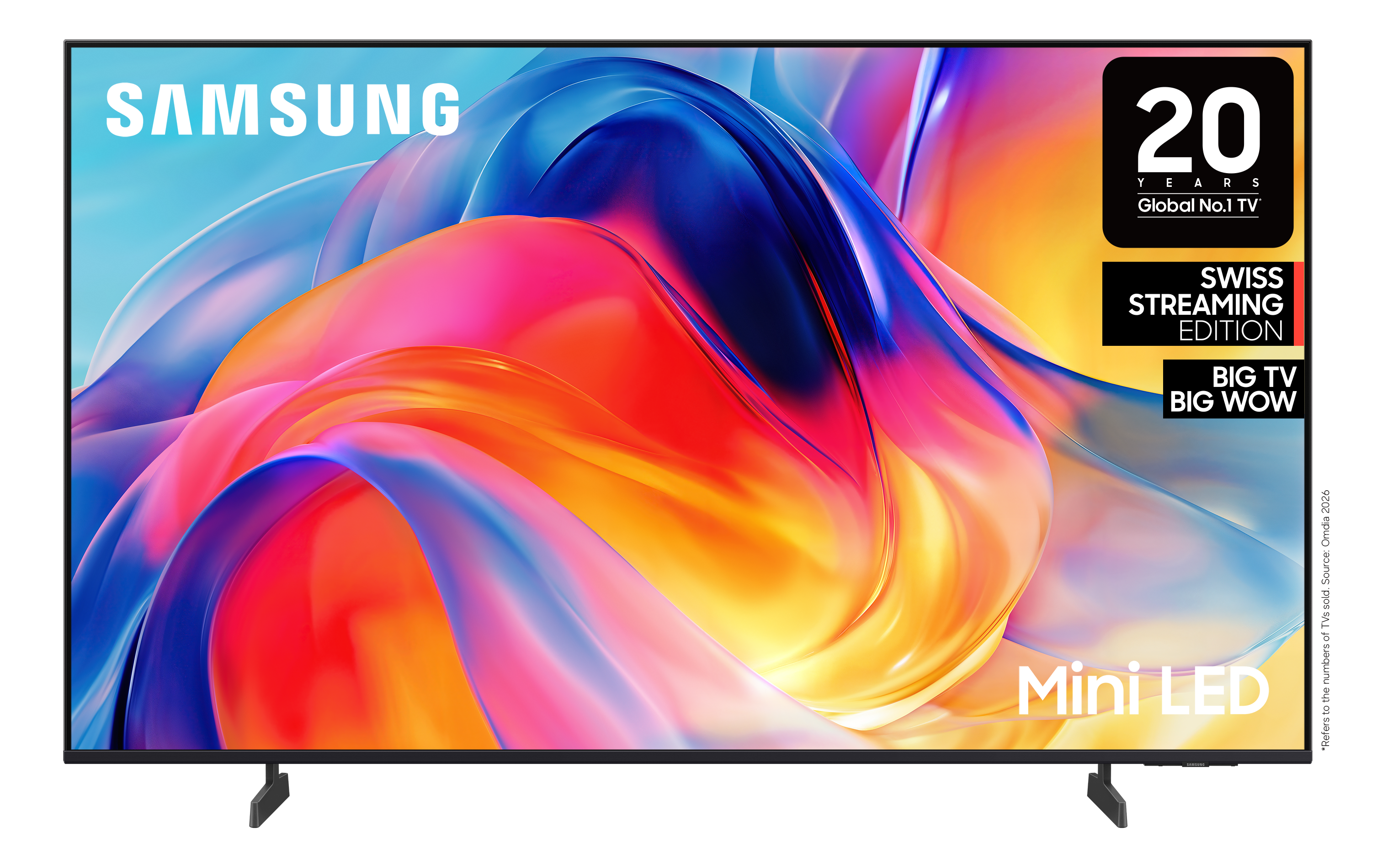 Samsung Mini LED TV mit farbenfrohem Hintergrund und "20 Jahre" Logo.
