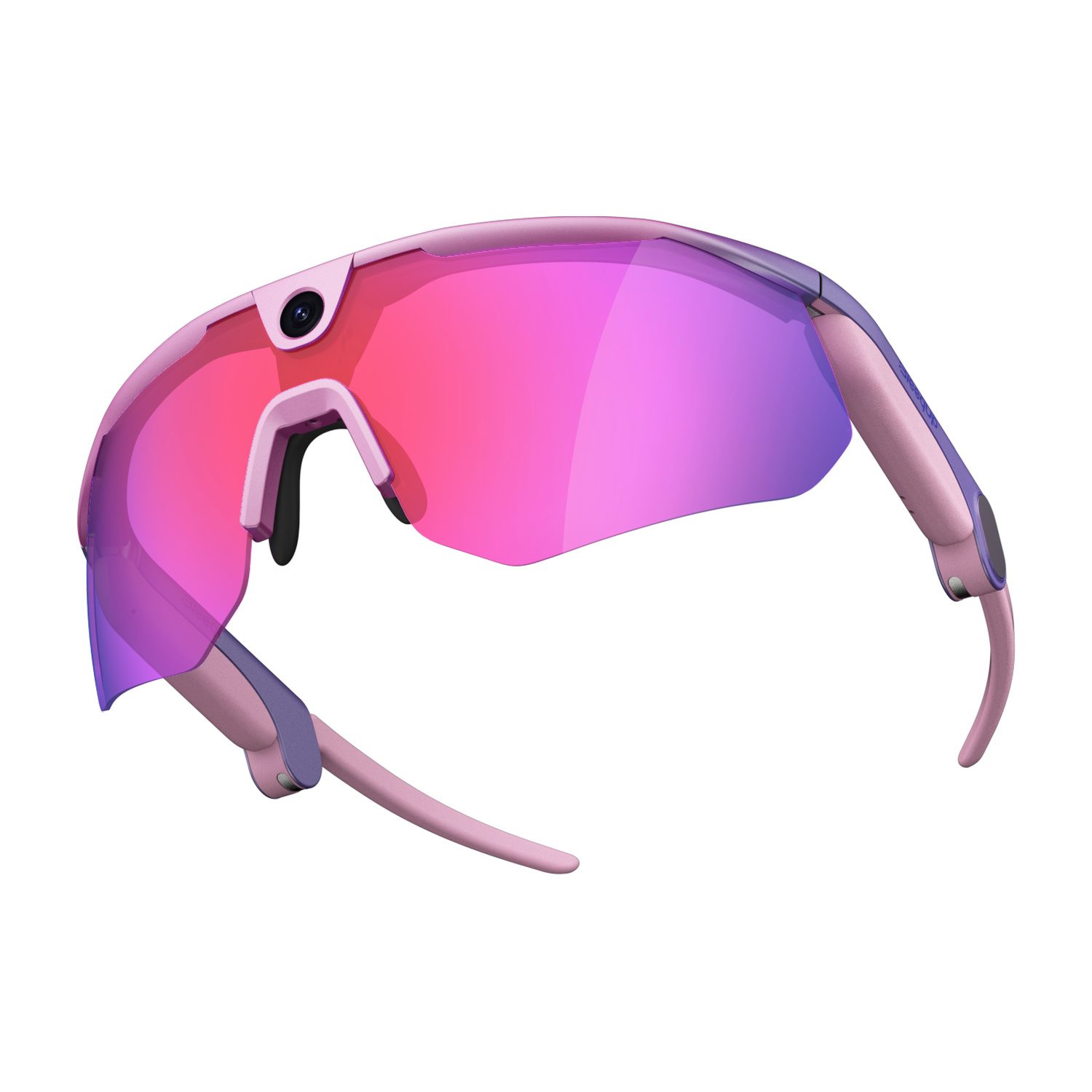Occhiali da sole sportivi rosa con lenti rosa e una telecamera.