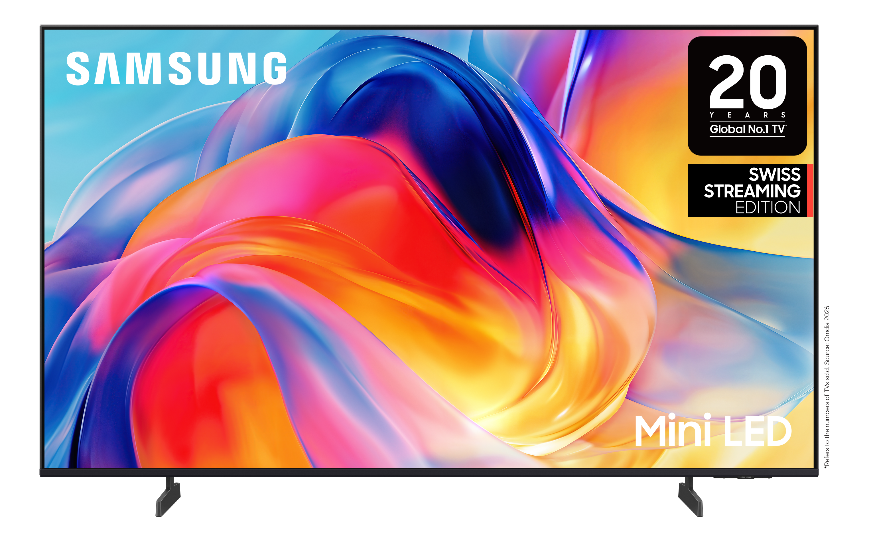 Samsung Mini LED TV mit farbenfrohem Hintergrund und "20 Years Global No.1 TV" Emblem.
