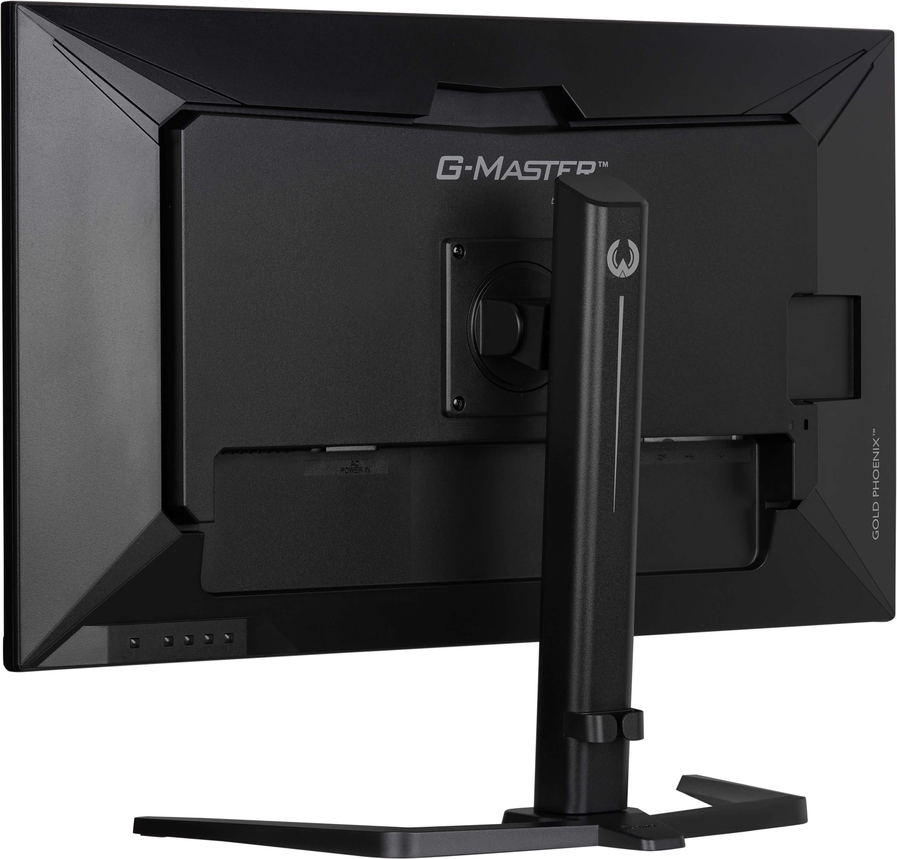 Tył czarnego monitora z logo G-Master i podstawką.