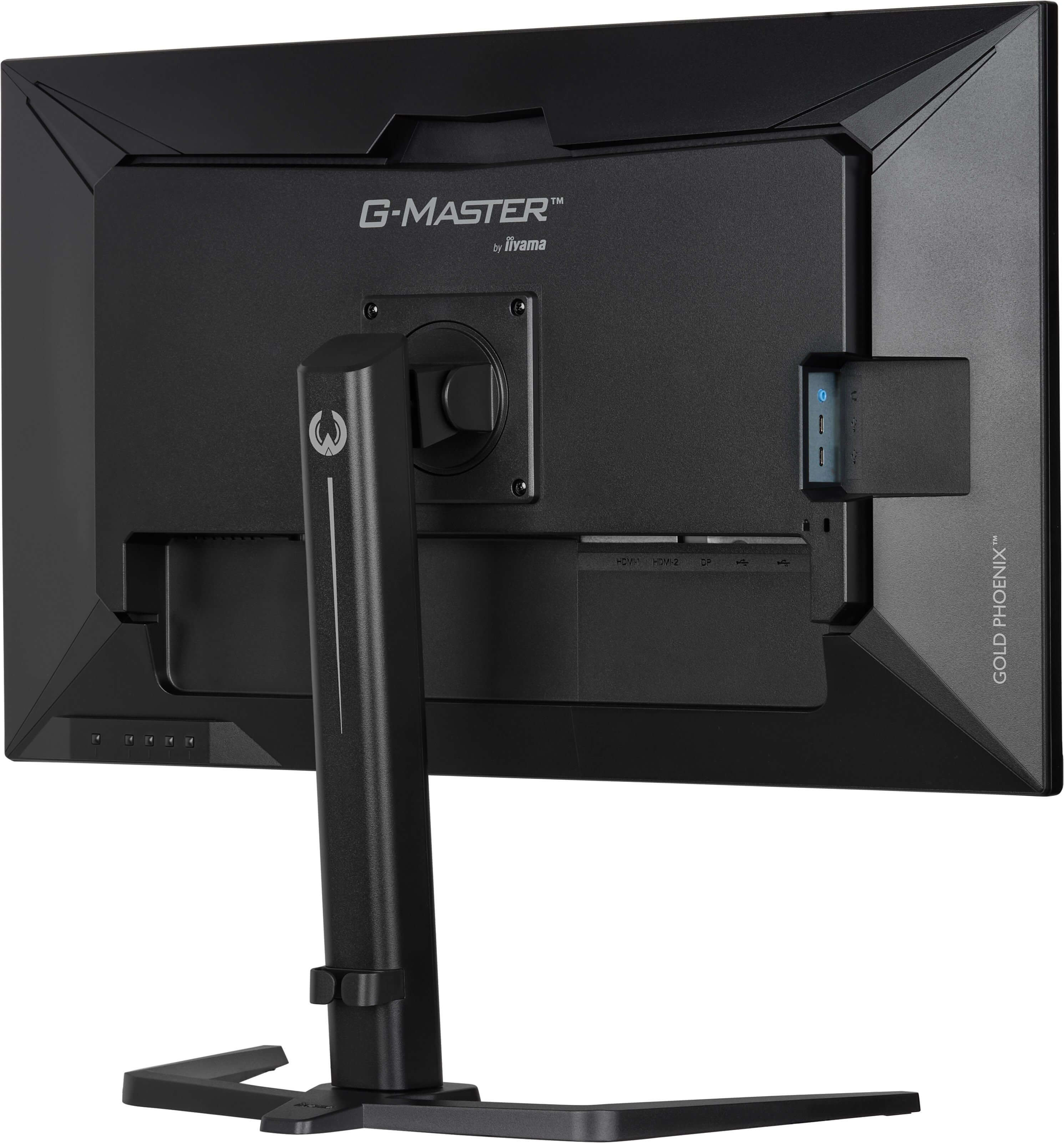 Tył czarnego monitora z panelem portów i podstawą. Logo G-MASTER.
