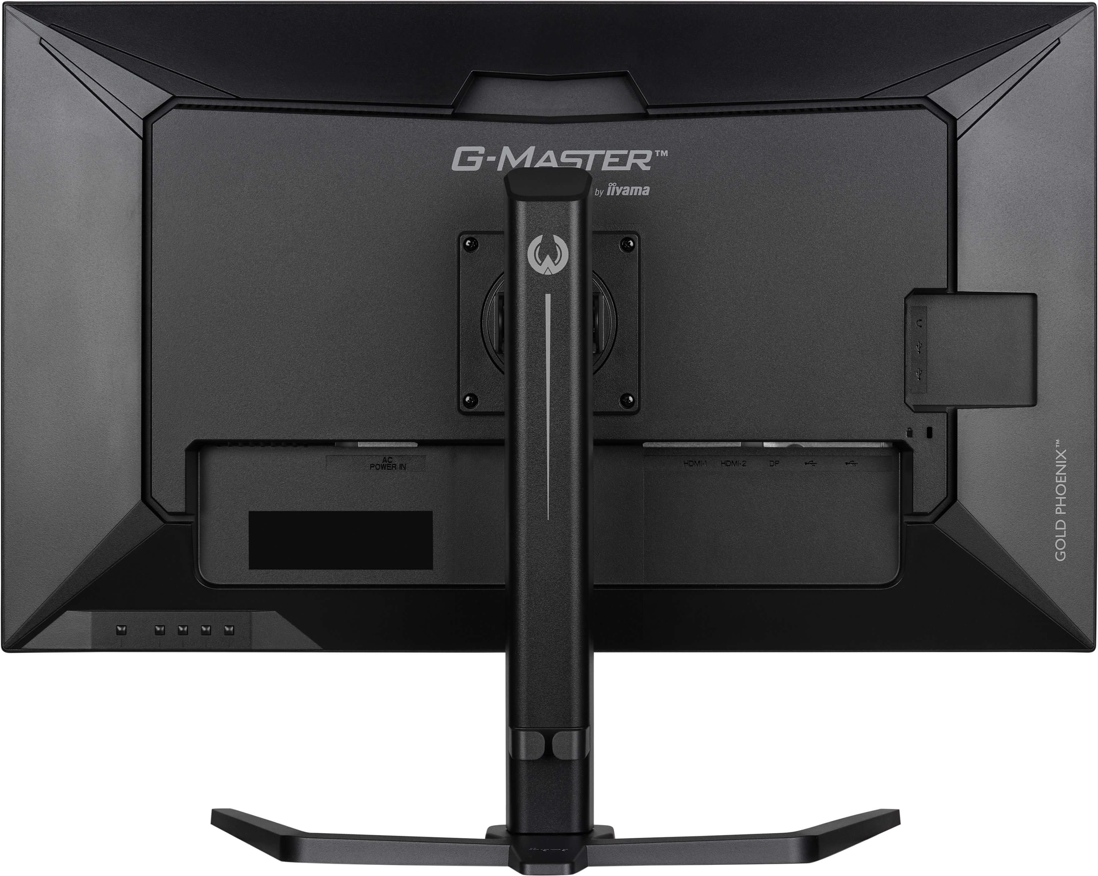Tył czarnego monitora z logo G-MASTER, portami i podstawą.