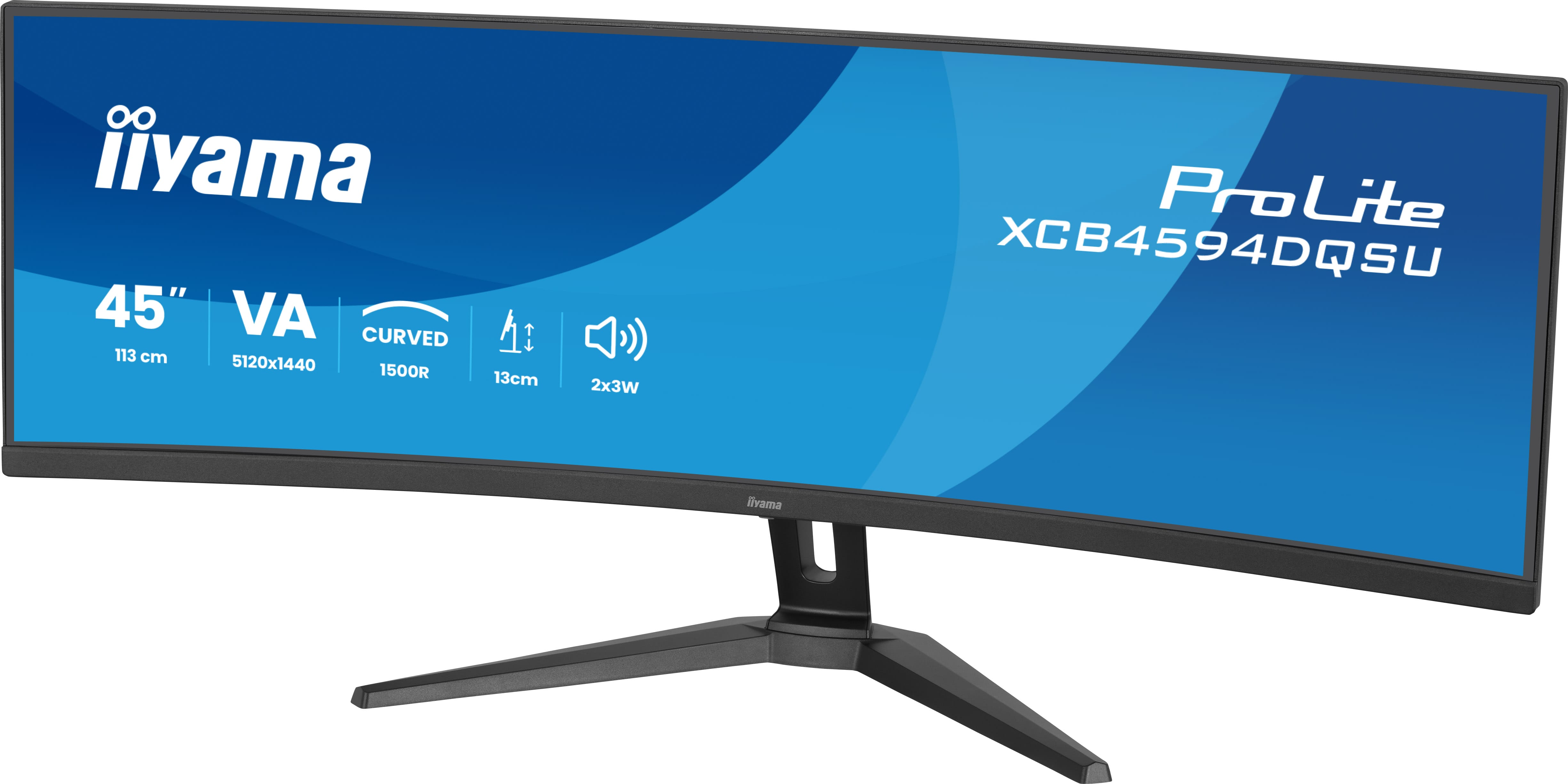 Duży, zakrzywiony monitor iiyama 45 cali z napisem ProLite XCB4594DQSU.