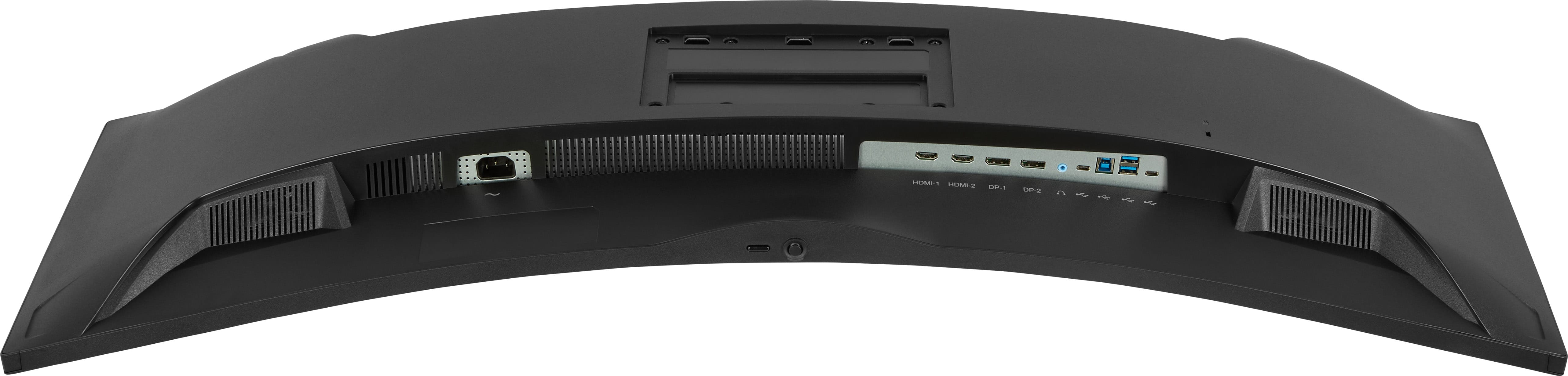 Tył zakrzywionego czarnego monitora pokazujący porty: HDMI, DP, USB-A, USB-C i zasilanie.