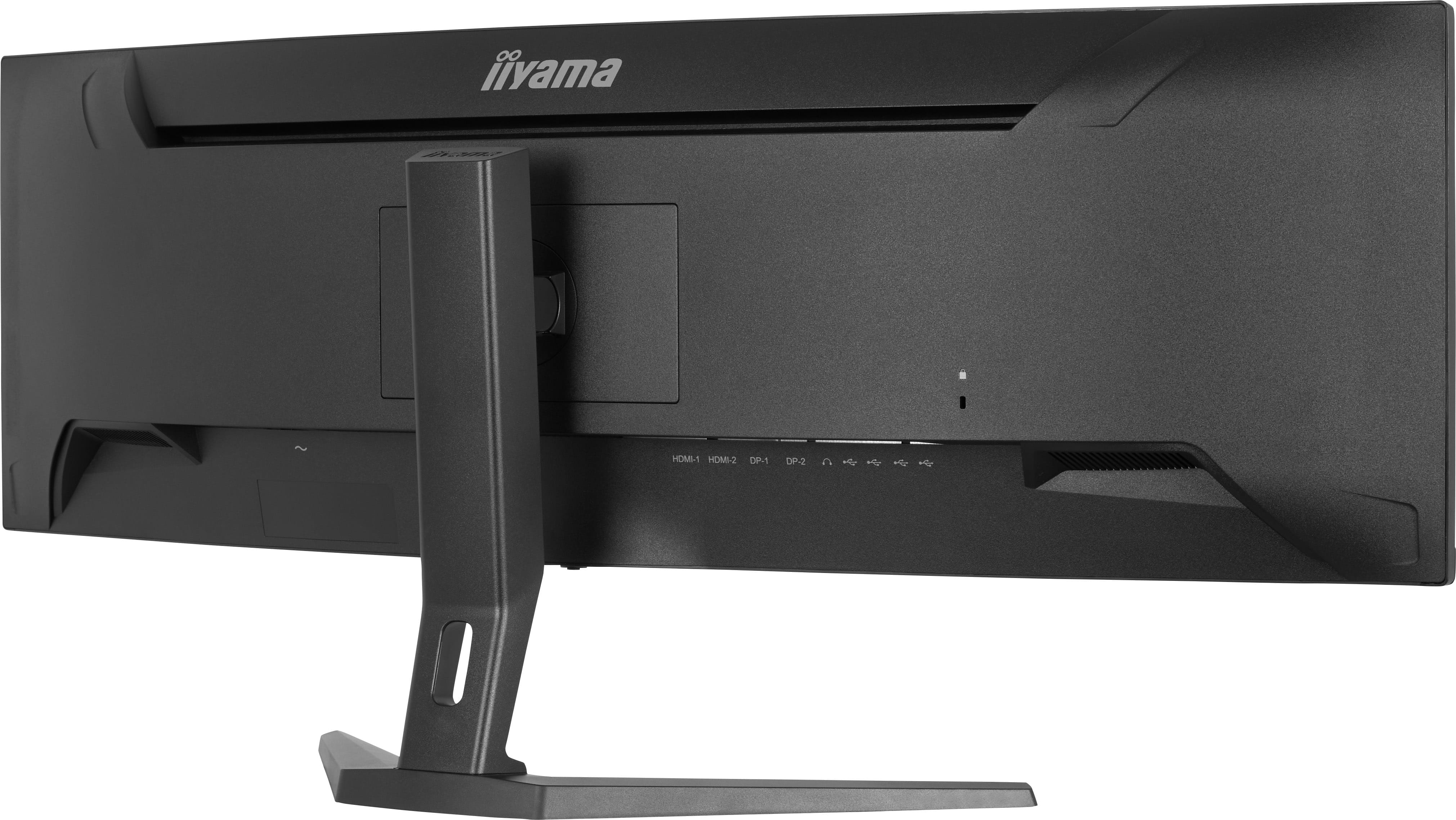 Tył czarnego monitora Iiyama ze stojakiem i portami HDMI, DP, USB.