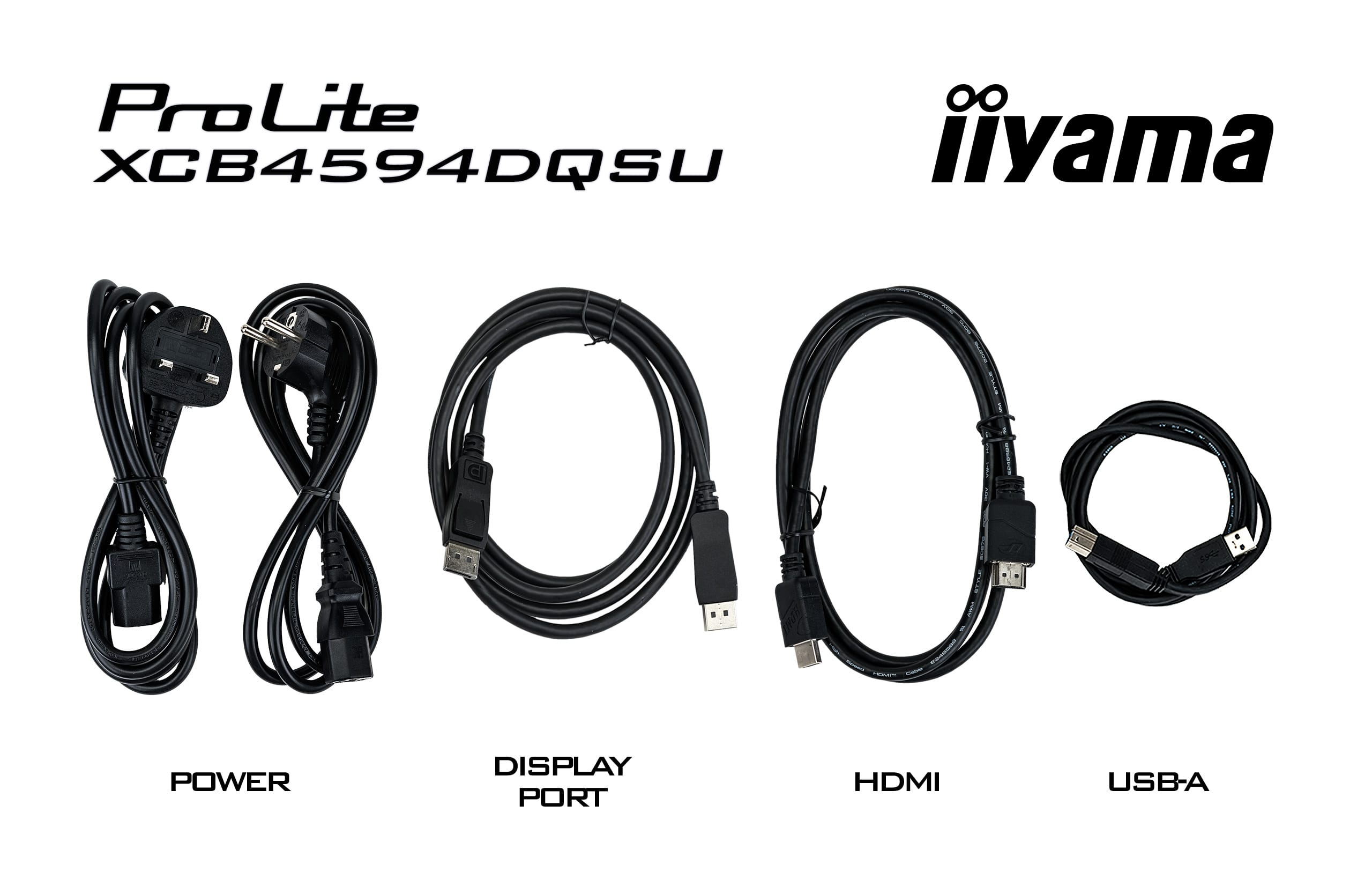 Cztery czarne kable ułożone obok siebie: zasilający, DisplayPort, HDMI i USB-A.