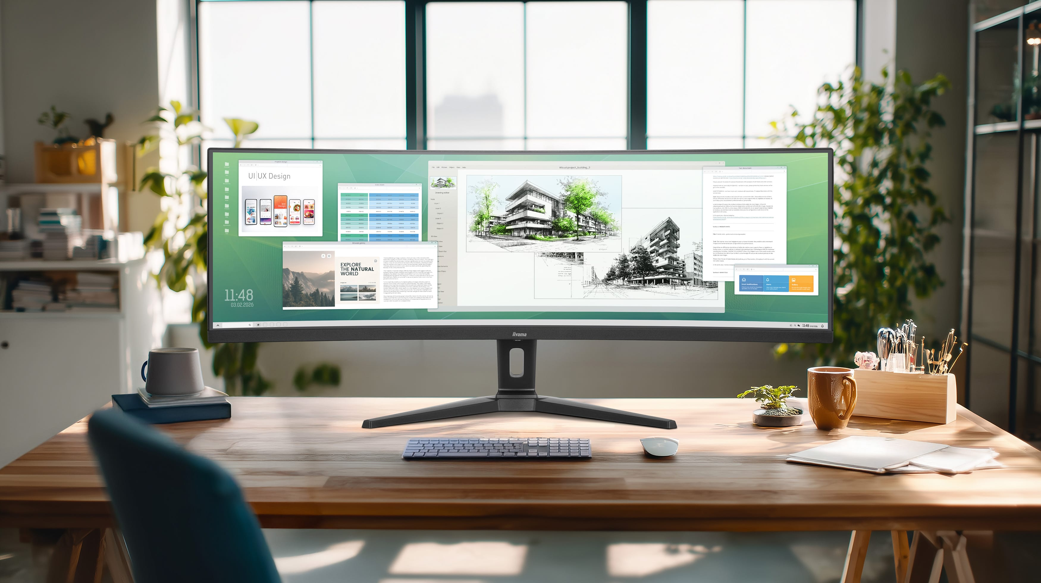 Szeroki monitor wyświetla rysunki architektoniczne, projekty interfejsu i dokumenty.