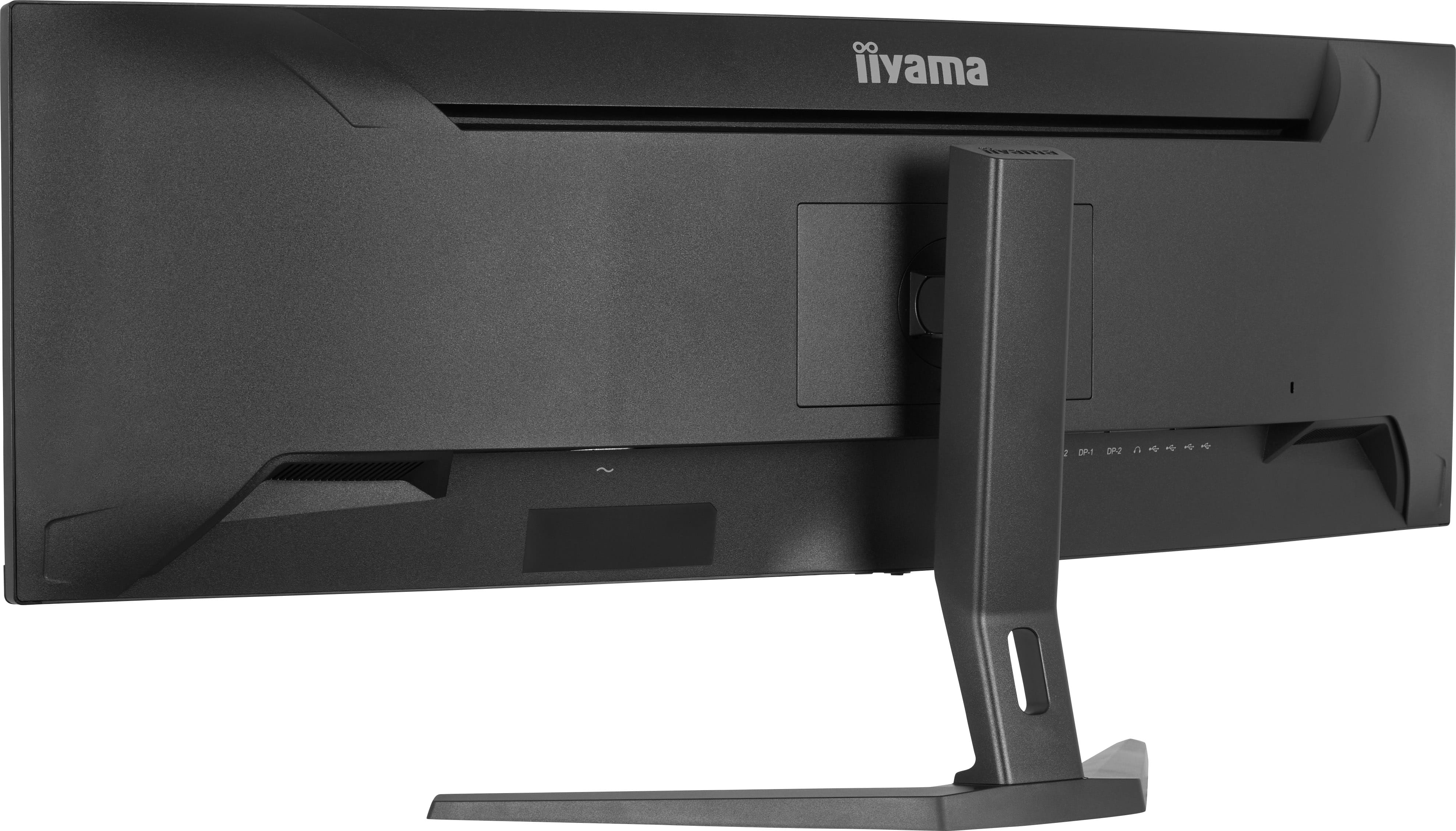 Tył czarnego monitora Iiyama ze stojakiem i portami.