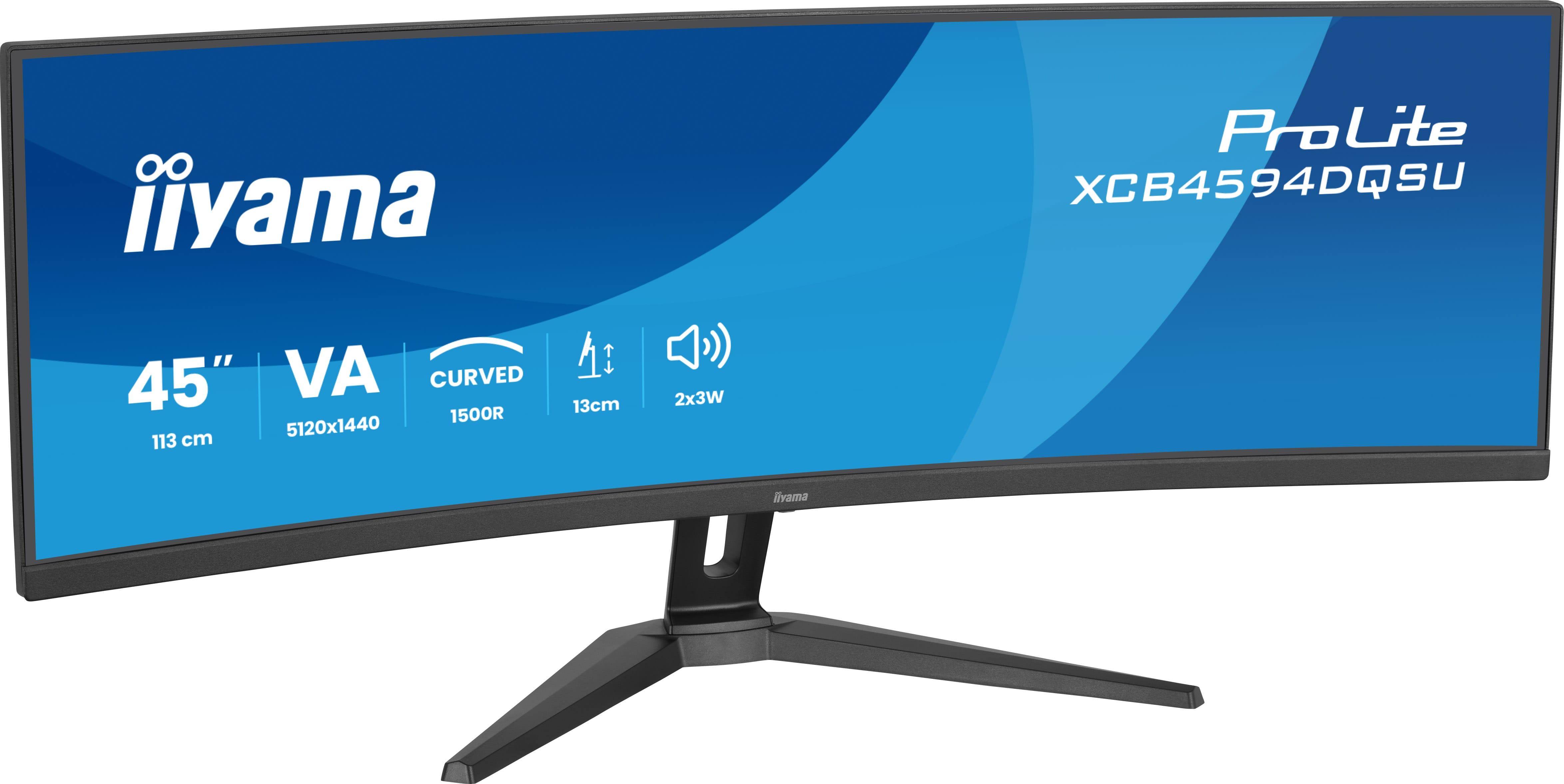 Zakrzywiony monitor 45-calowy z logo Iiyama i specyfikacjami technicznymi.