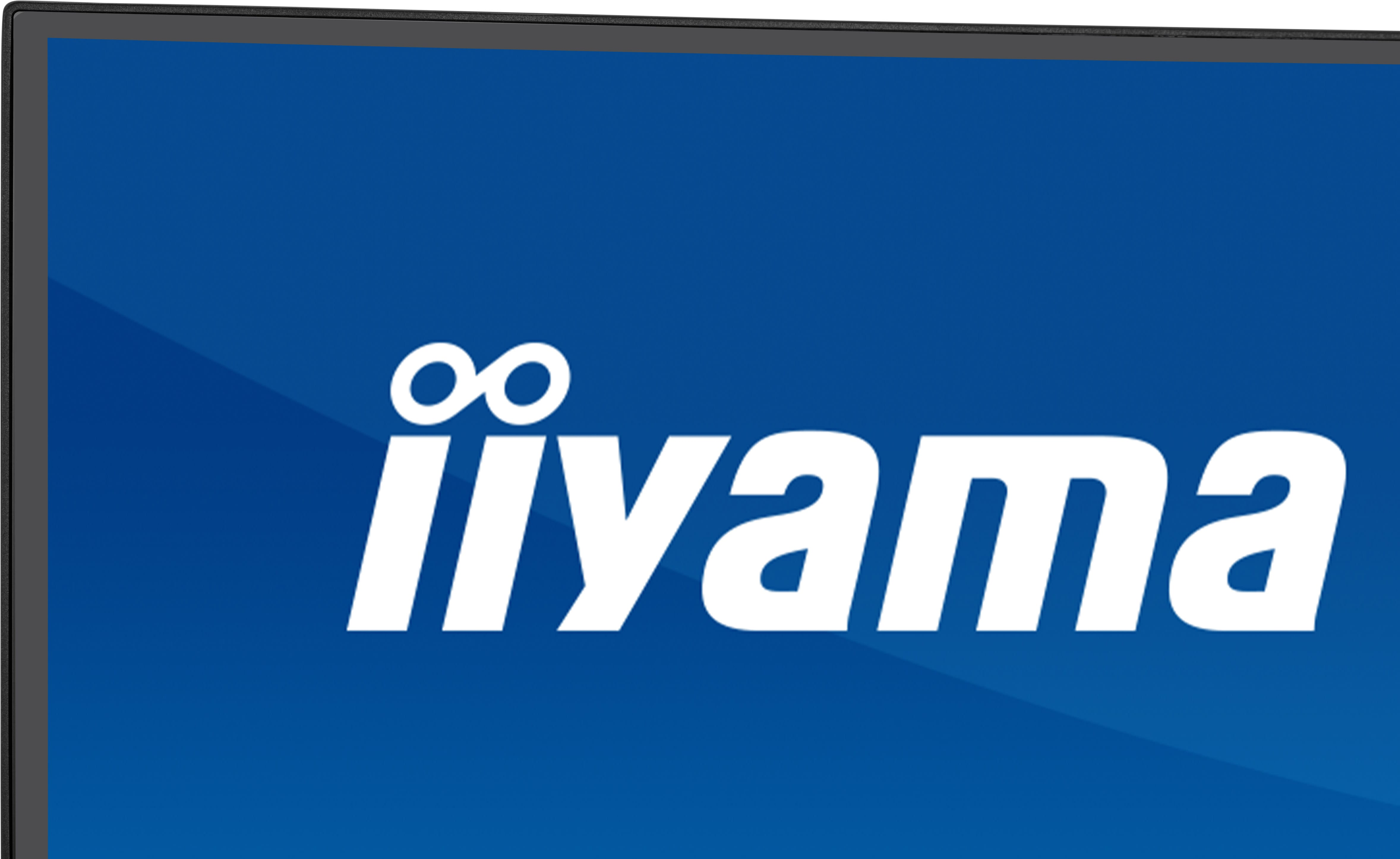 Logo Iiyama ze znakiem nieskończoności na niebieskim tle.