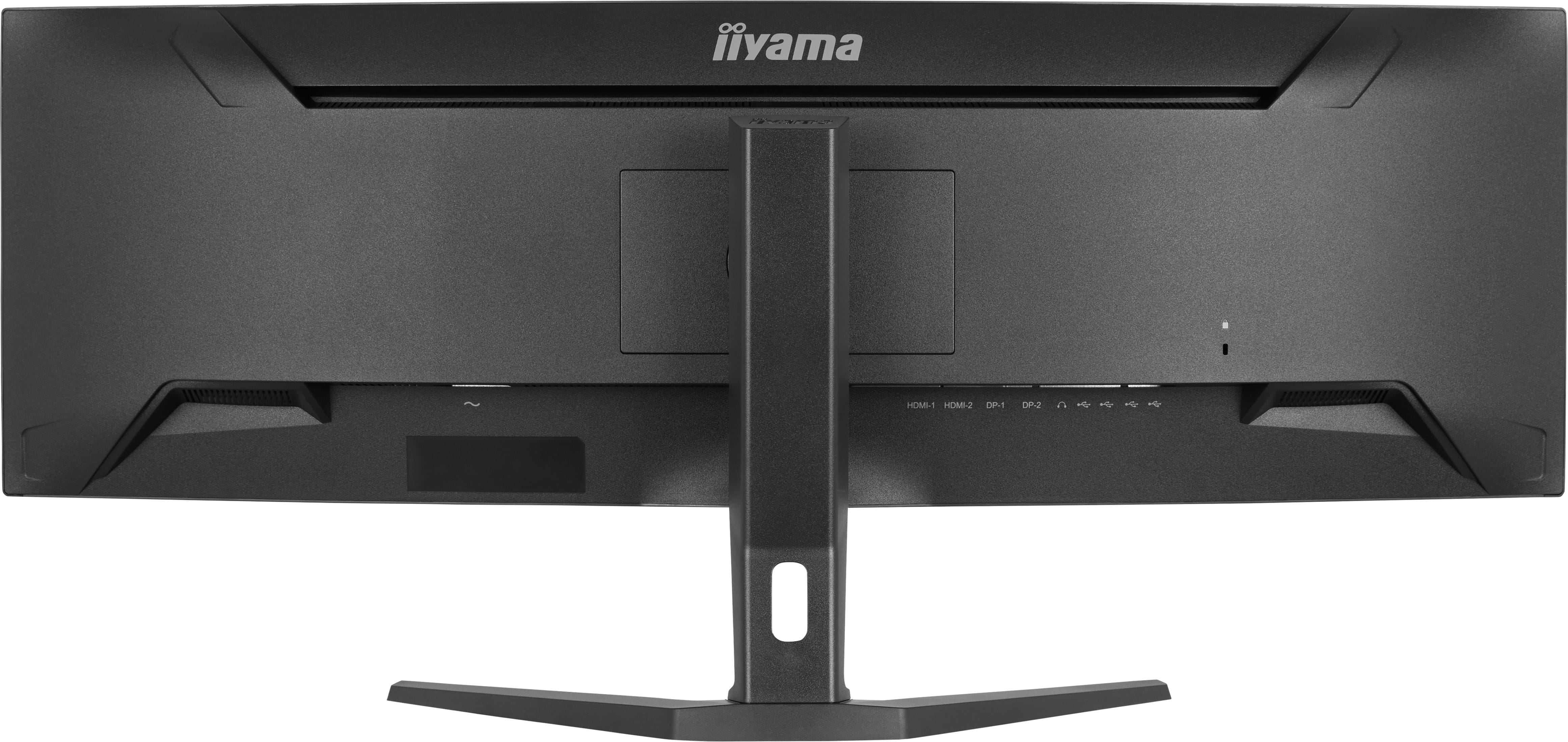 Widok z tyłu czarnego monitora pokazujący porty HDMI, DP i USB.