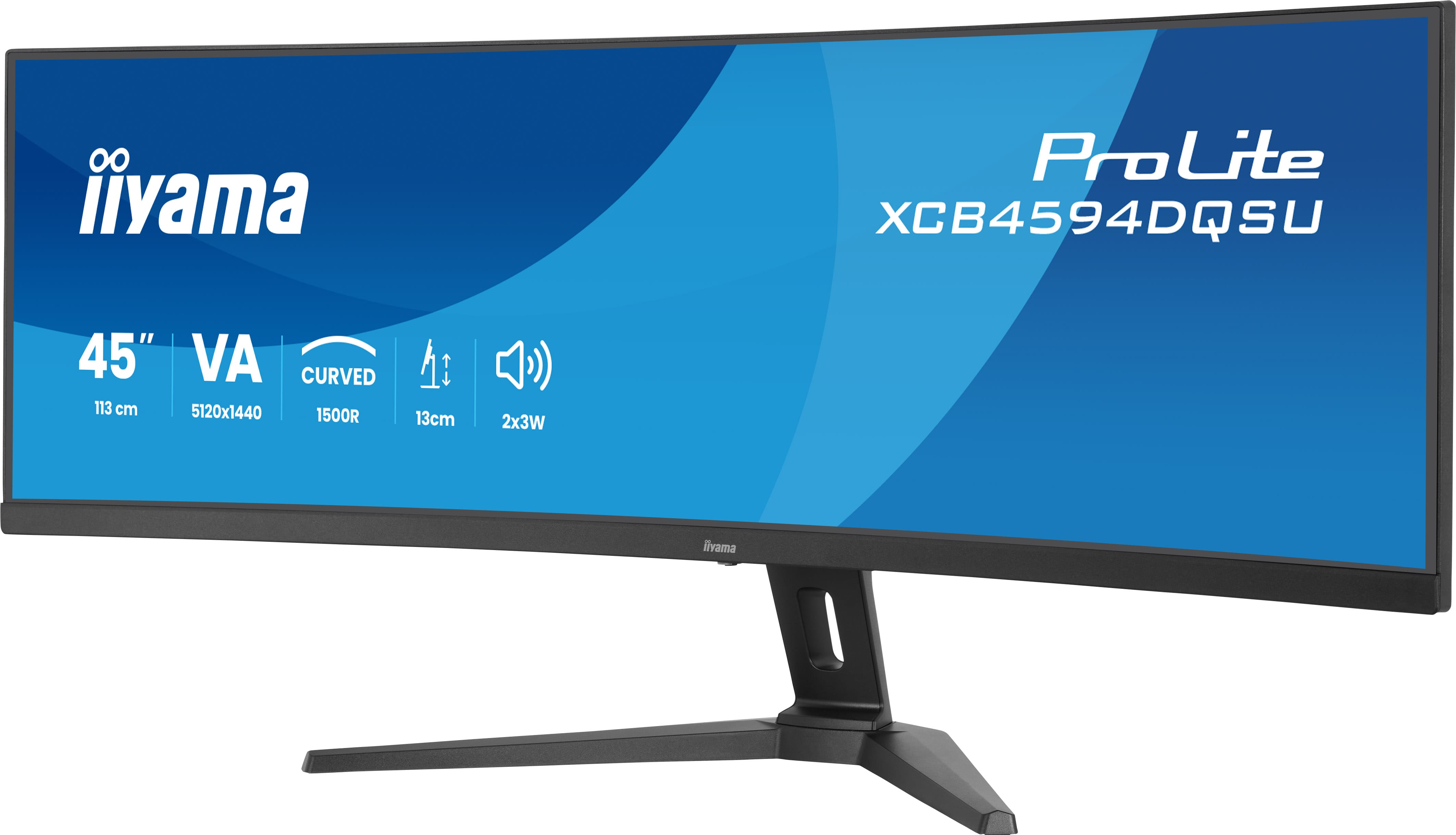 Duży, zakrzywiony monitor iiyama wyświetlający specyfikacje.