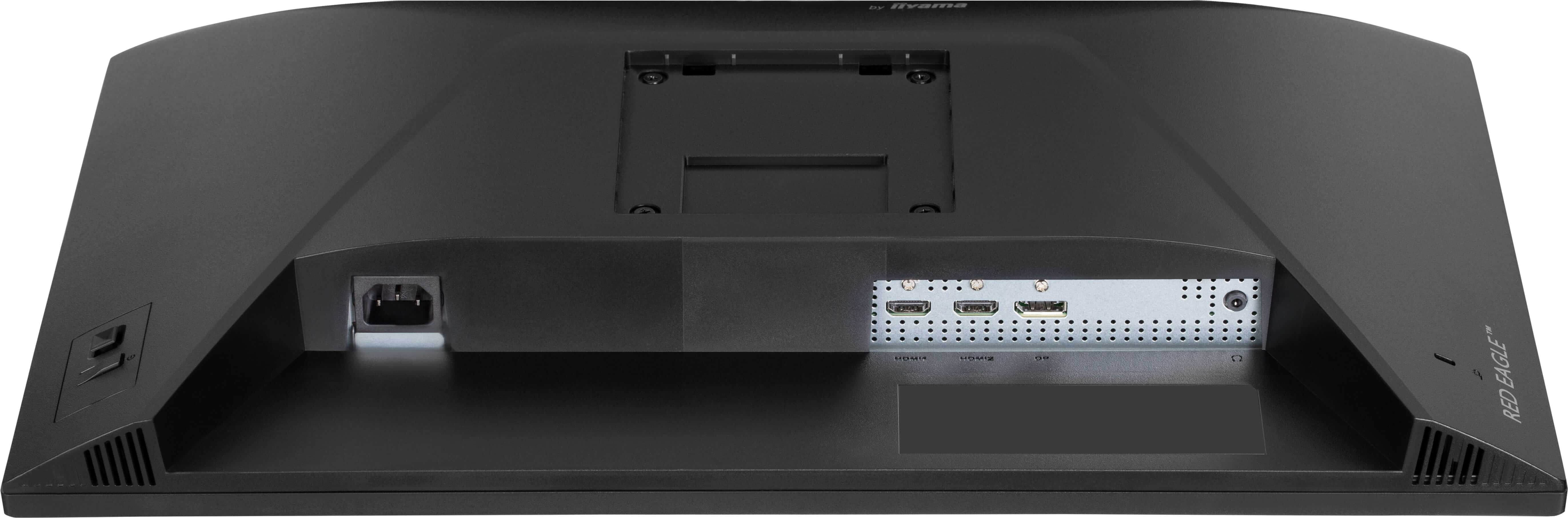 Tył czarnego monitora z portami: zasilanie, 2x HDMI, wyjście audio.