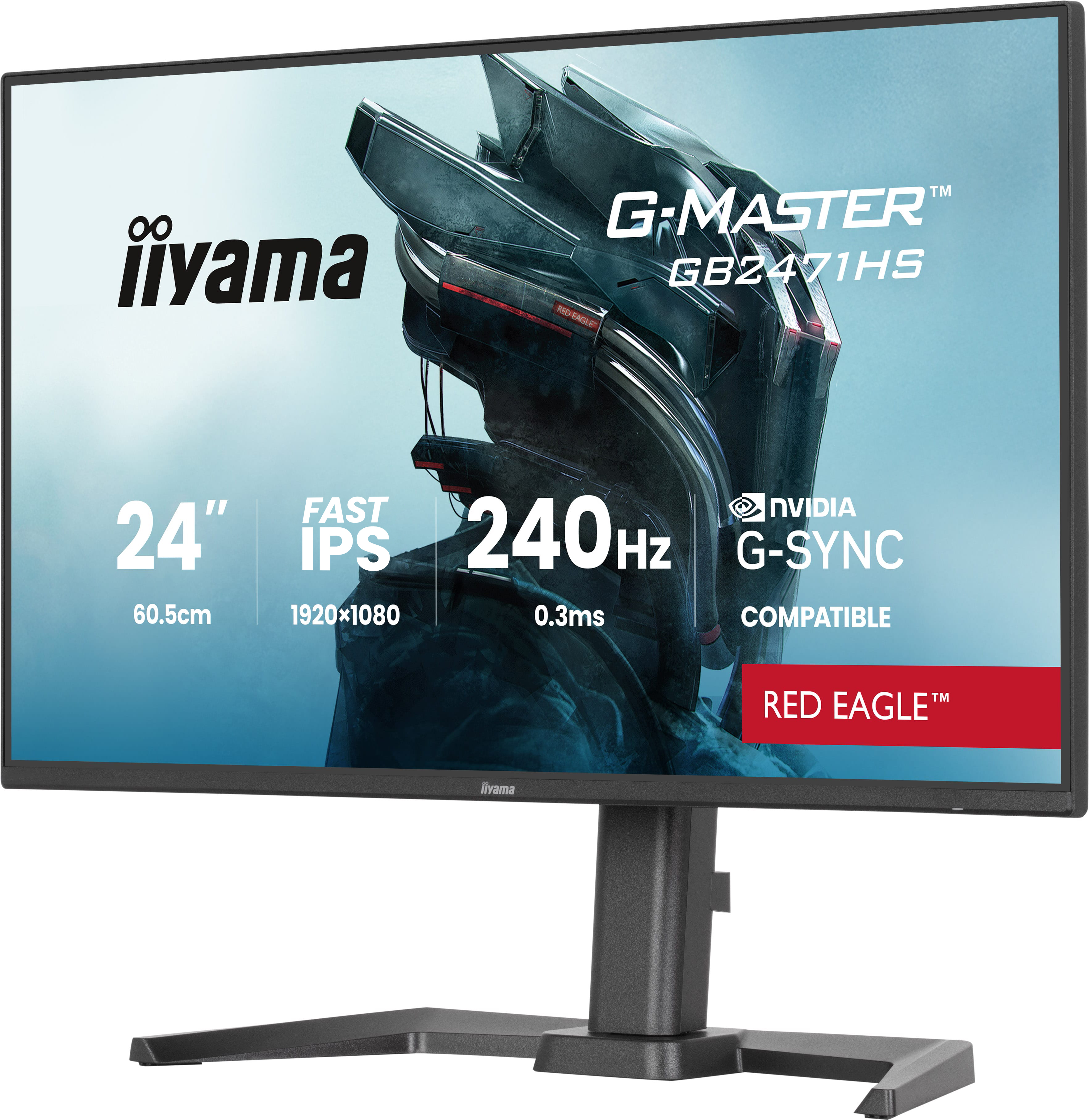 Czarny monitor Iiyama G-Master wyświetla futurystyczną głowę robota i specyfikacje: 24" IPS, 240Hz, G-SYNC.