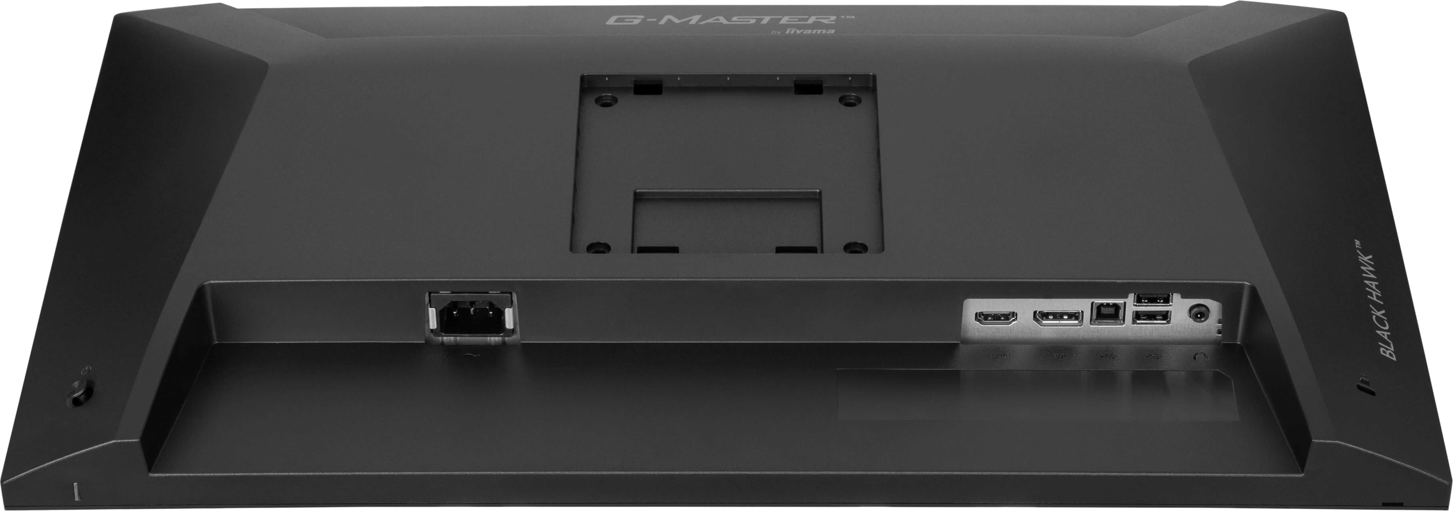 Tył czarnego monitora z portami: Ethernet, HDMI, DP, USB i zasilanie.