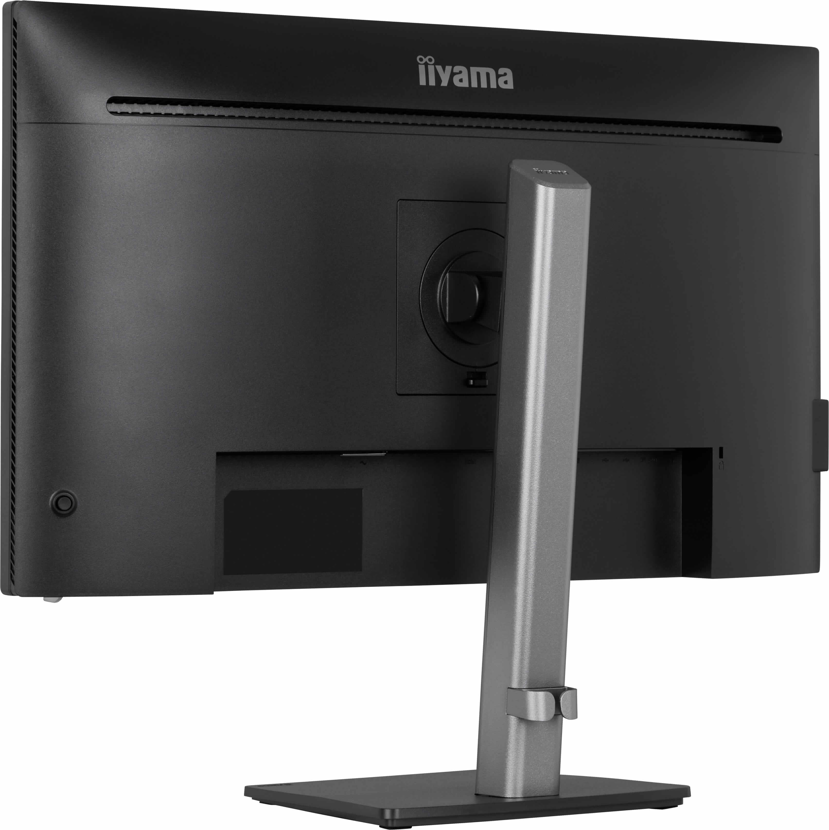 Rückansicht eines schwarzen Monitors mit silbernem Standfuß und Iiyama-Logo.