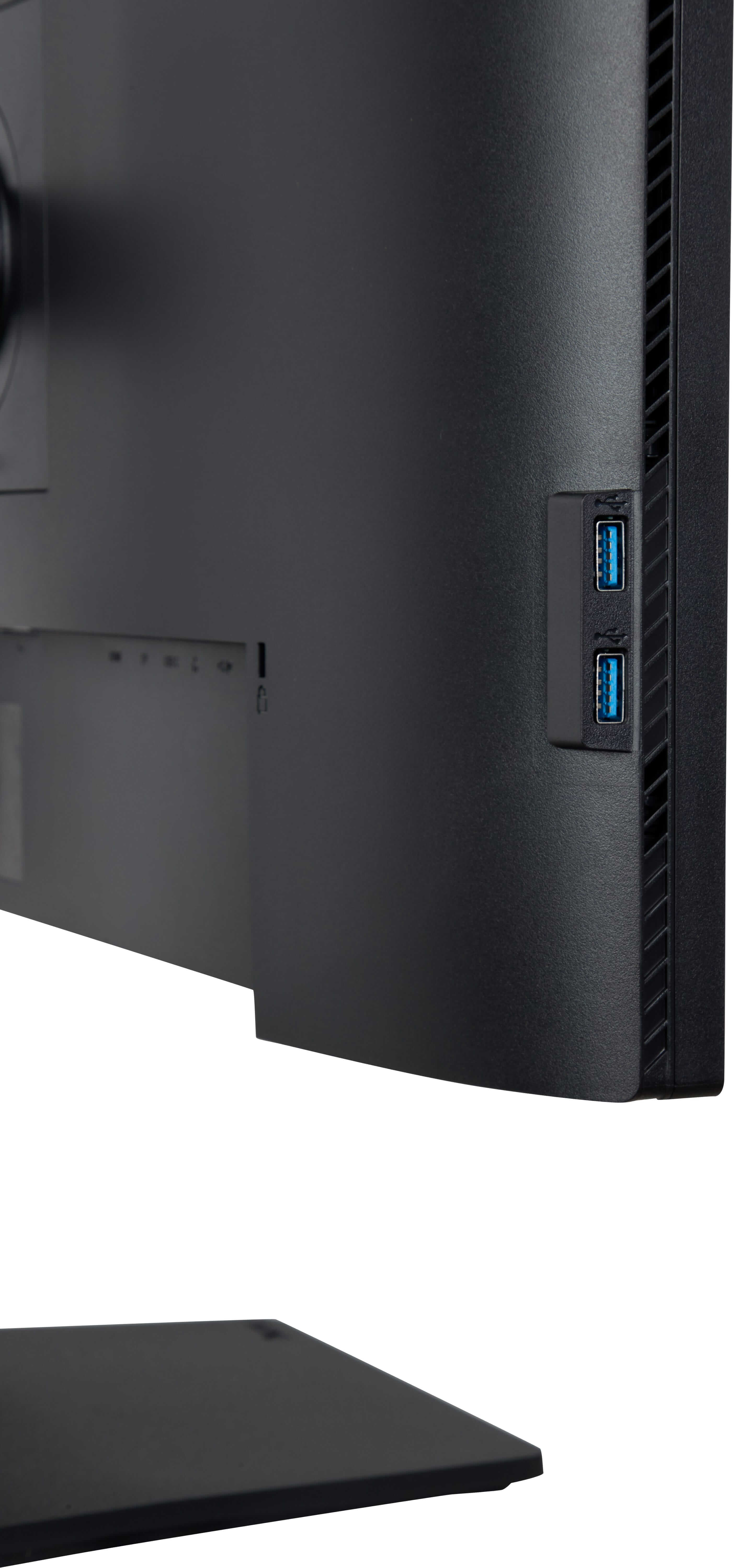 Ein schwarzer Monitor mit zwei USB-Anschlüssen auf der rechten Seite.
