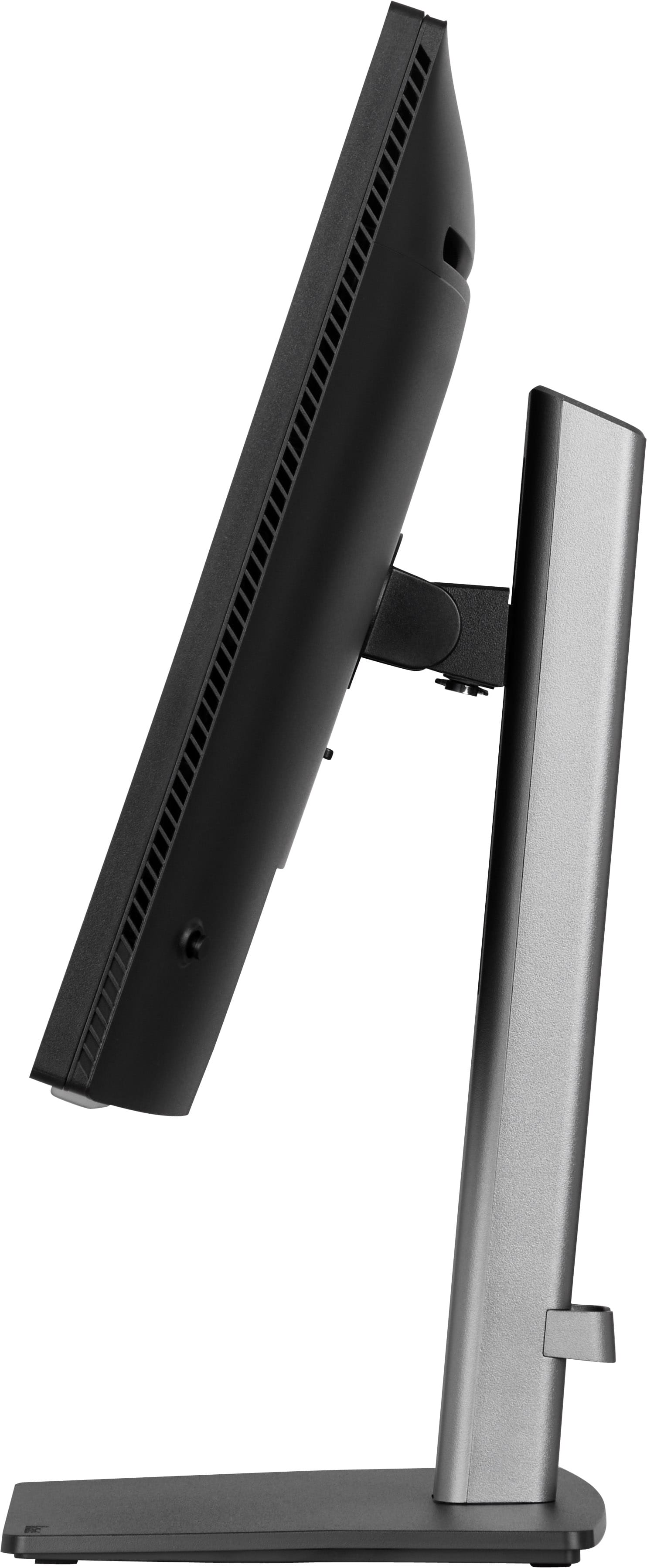Schwarzer Computermonitor mit silbernem Ständer, Seitenansicht.