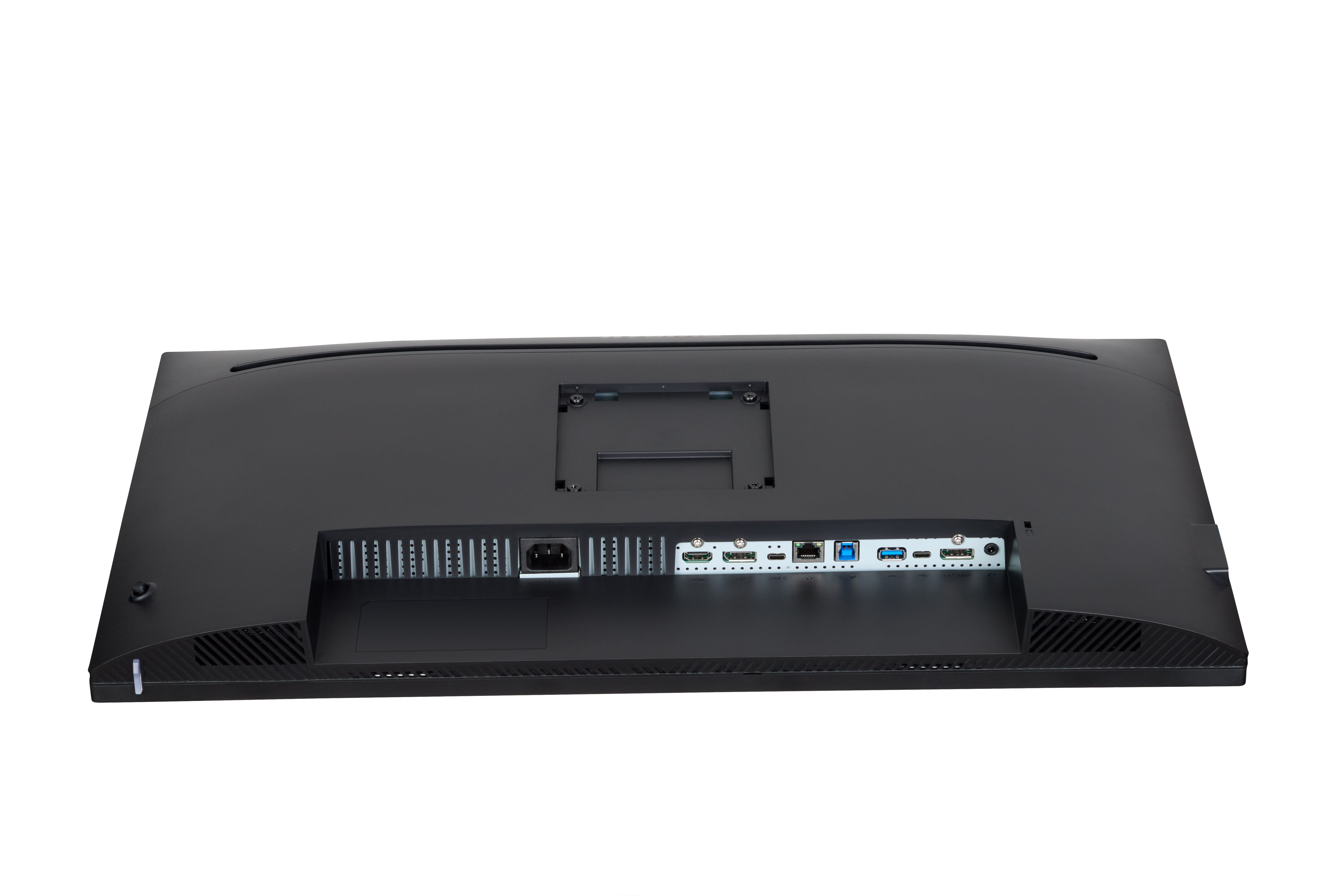 Rückseite eines schwarzen Monitors mit Anschlüssen: Strom, HDMI, USB-C, LAN, USB-A.