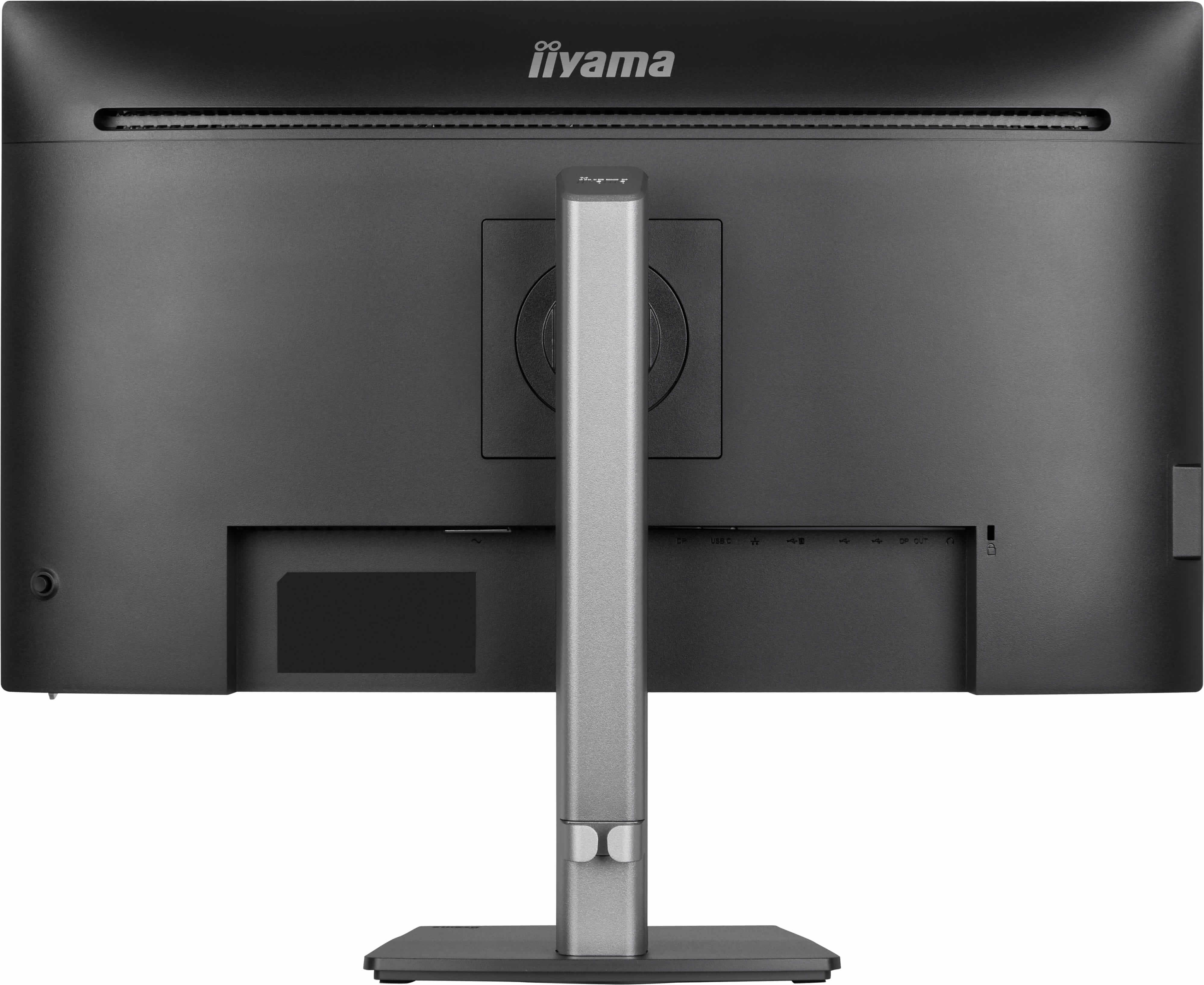 Rückseite eines schwarzen Monitors mit silbernem Ständer und Anschlüssen.