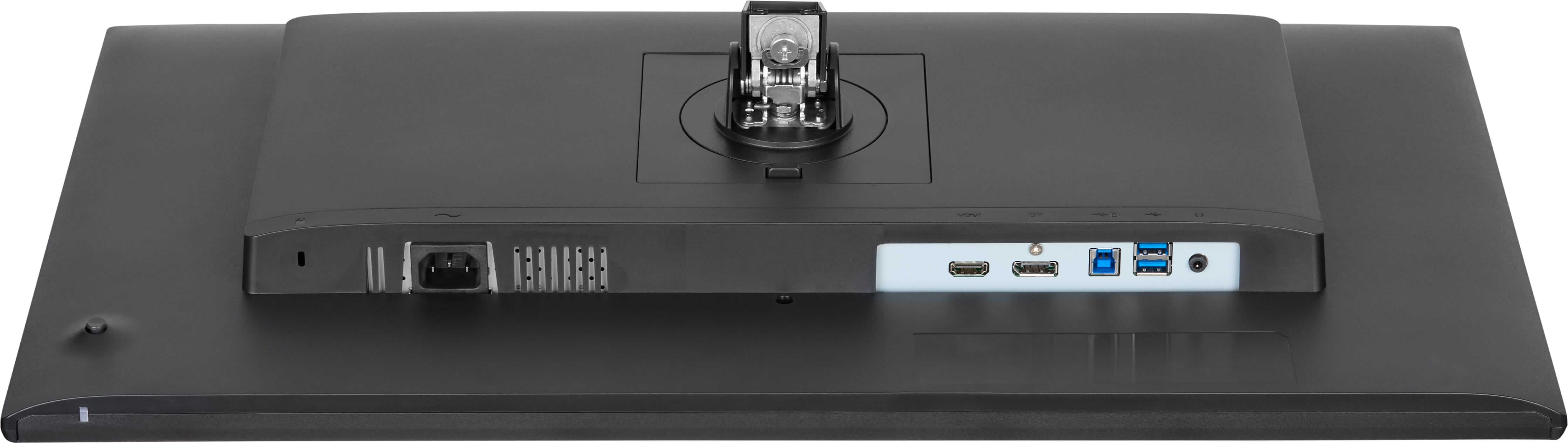Rückseite eines schwarzen Monitors mit Anschlüssen: Strom, HDMI, USB und Audio.