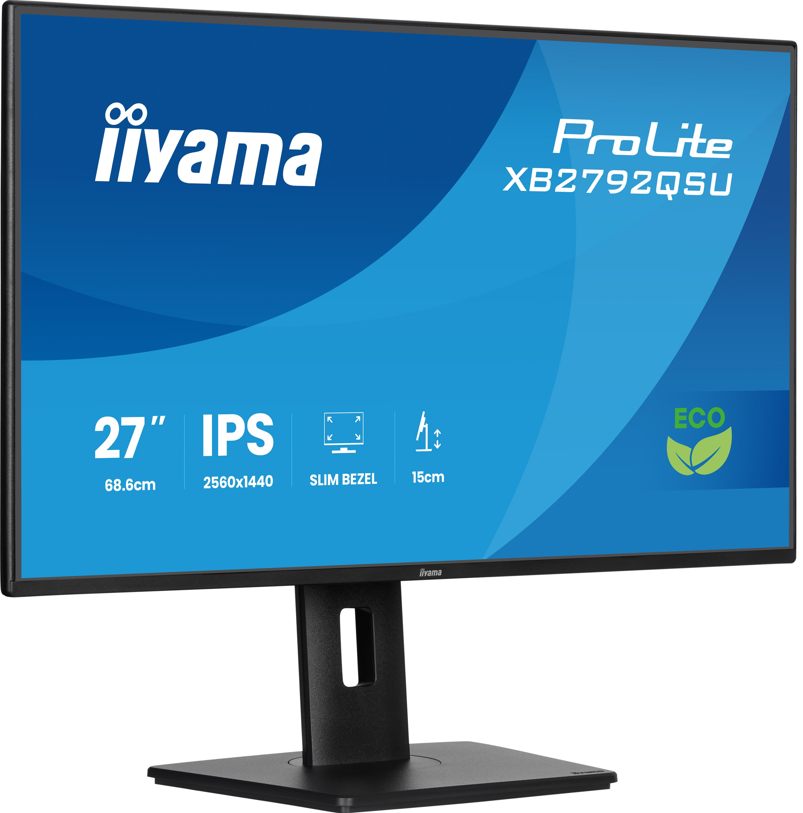 Ein 27-Zoll-IPS-Monitor mit schmalem Rand und ECO-Logo.