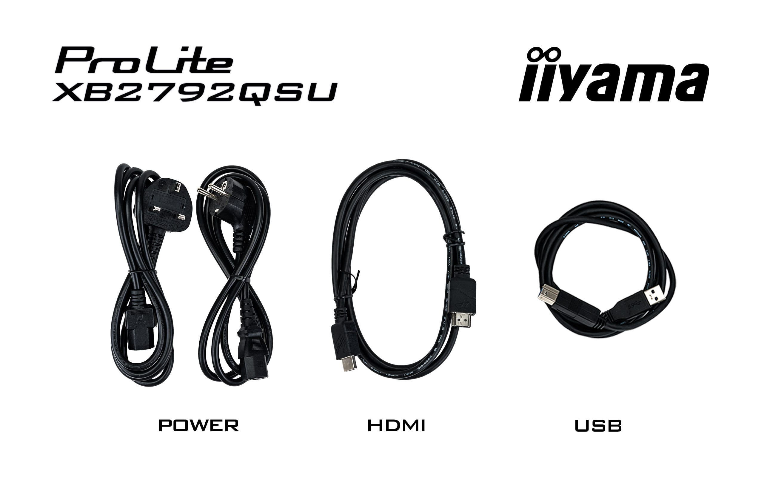 Drei schwarze Kabel: Strom, HDMI und USB, mit Markenschriftzügen.