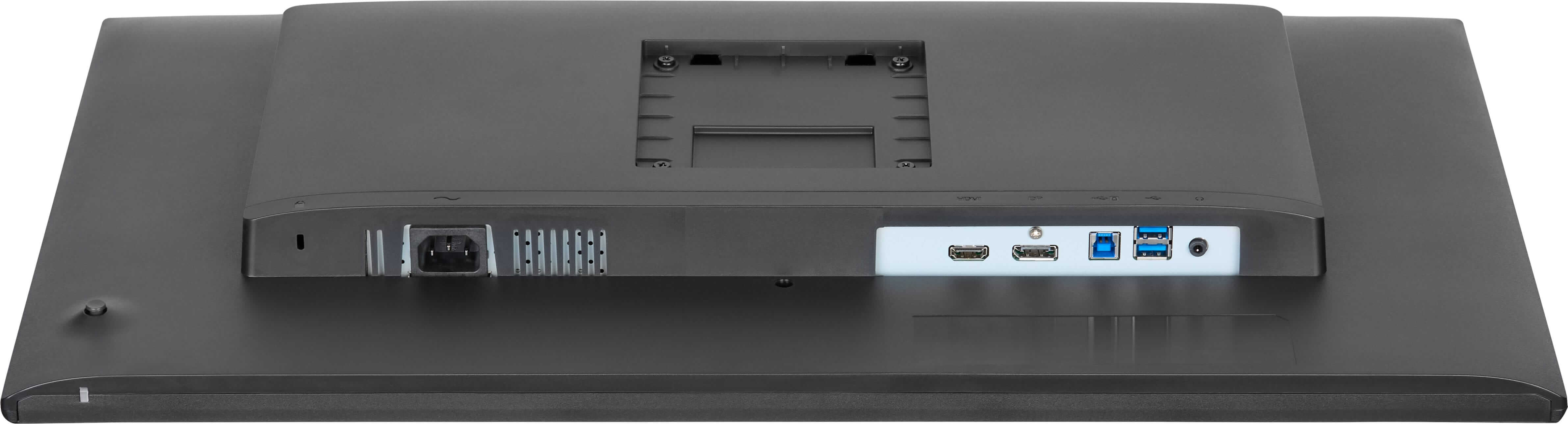 Rückseite eines Monitors mit Anschlüssen: Strom, HDMI, DP, USB-A und Strombuchse.