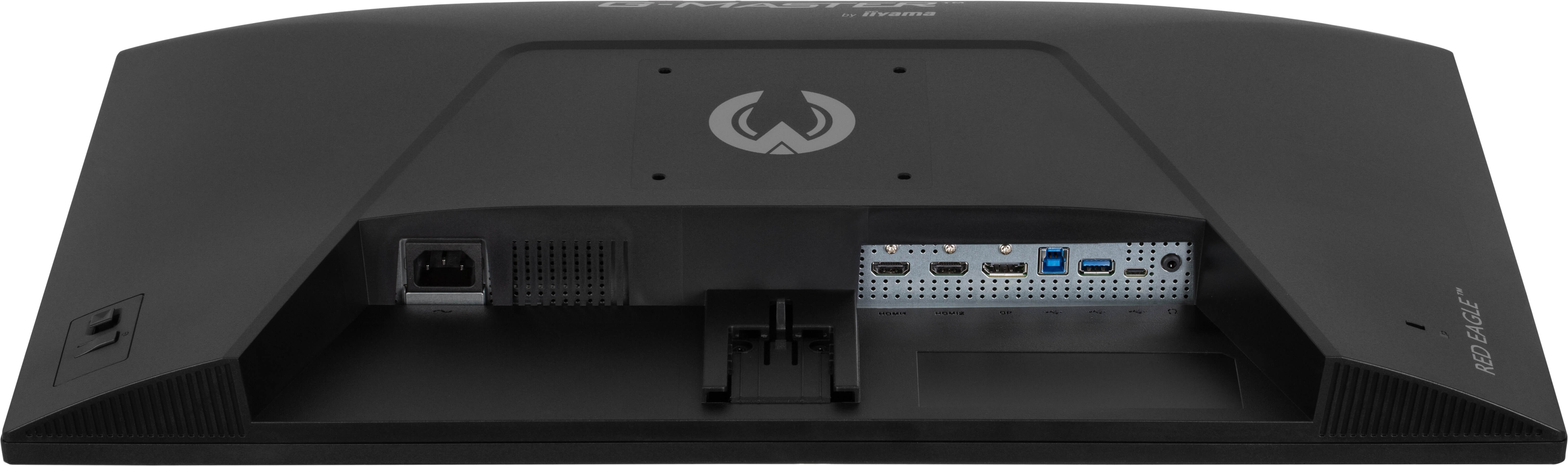 Tył czarnego monitora z przyłączami zasilania, HDMI, USB i DisplayPort.