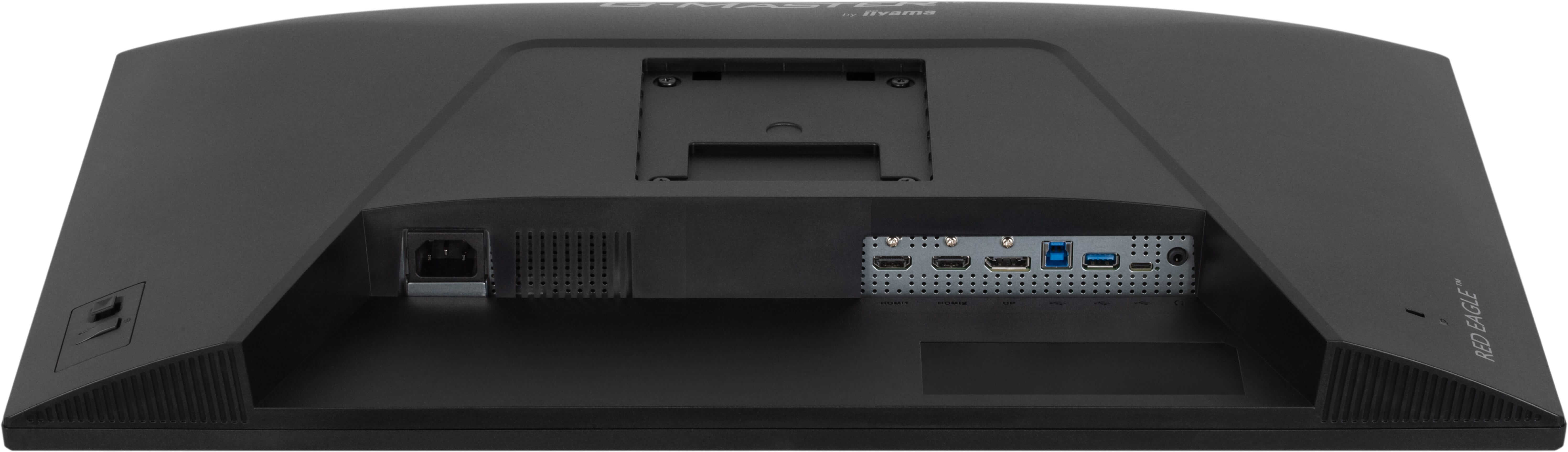 Tył czarnego monitora z portami: zasilanie, HDMI, USB i inne.