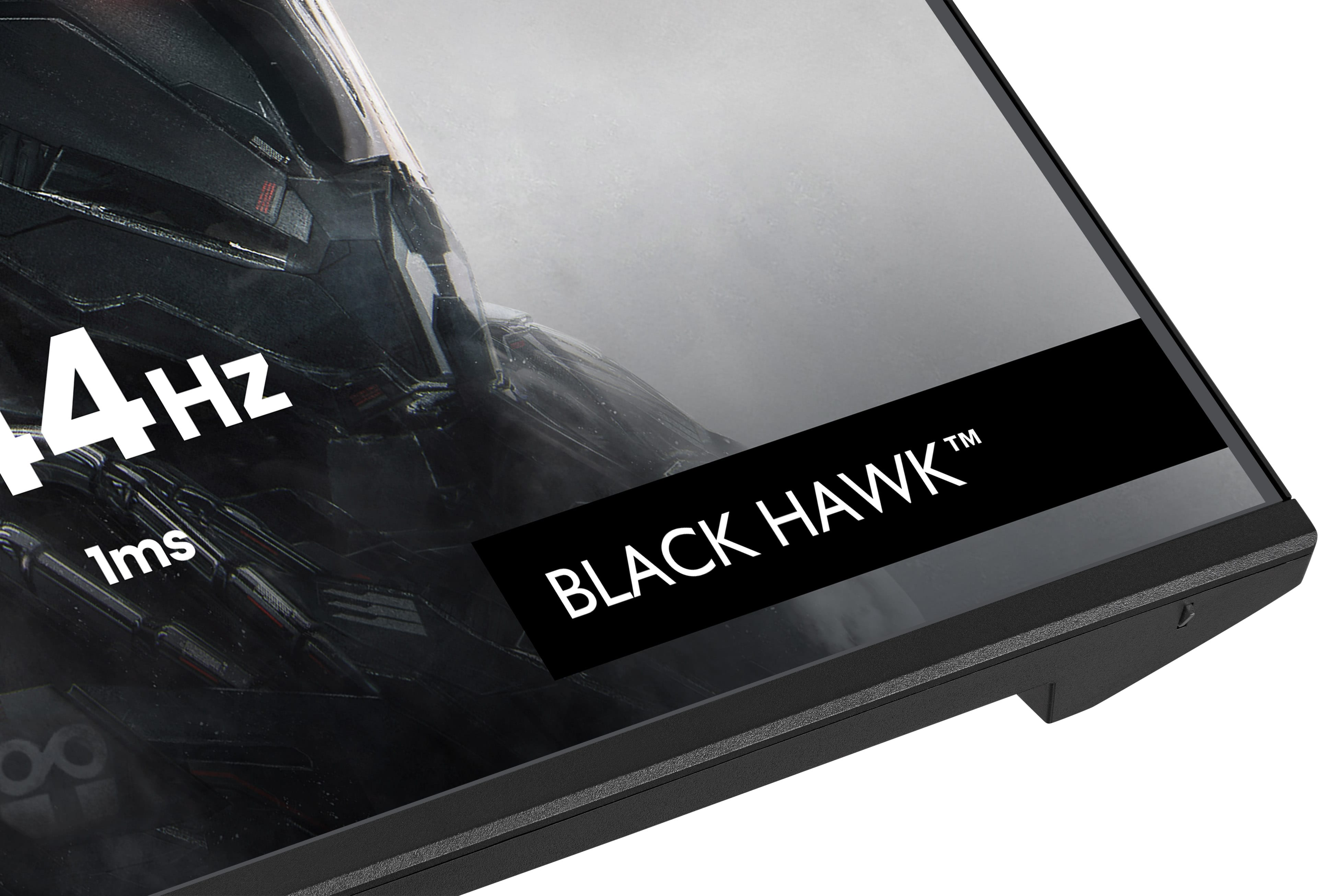 Zbliżenie czarnego monitora z napisem "BLACK HAWK" i "144Hz 1ms".