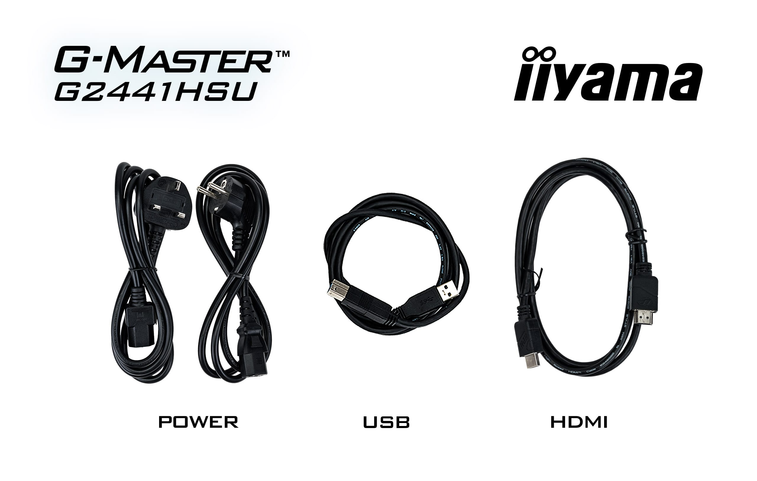 Trzy czarne kable: zasilający, USB i HDMI, z logotypami Iiyama i G-Master.