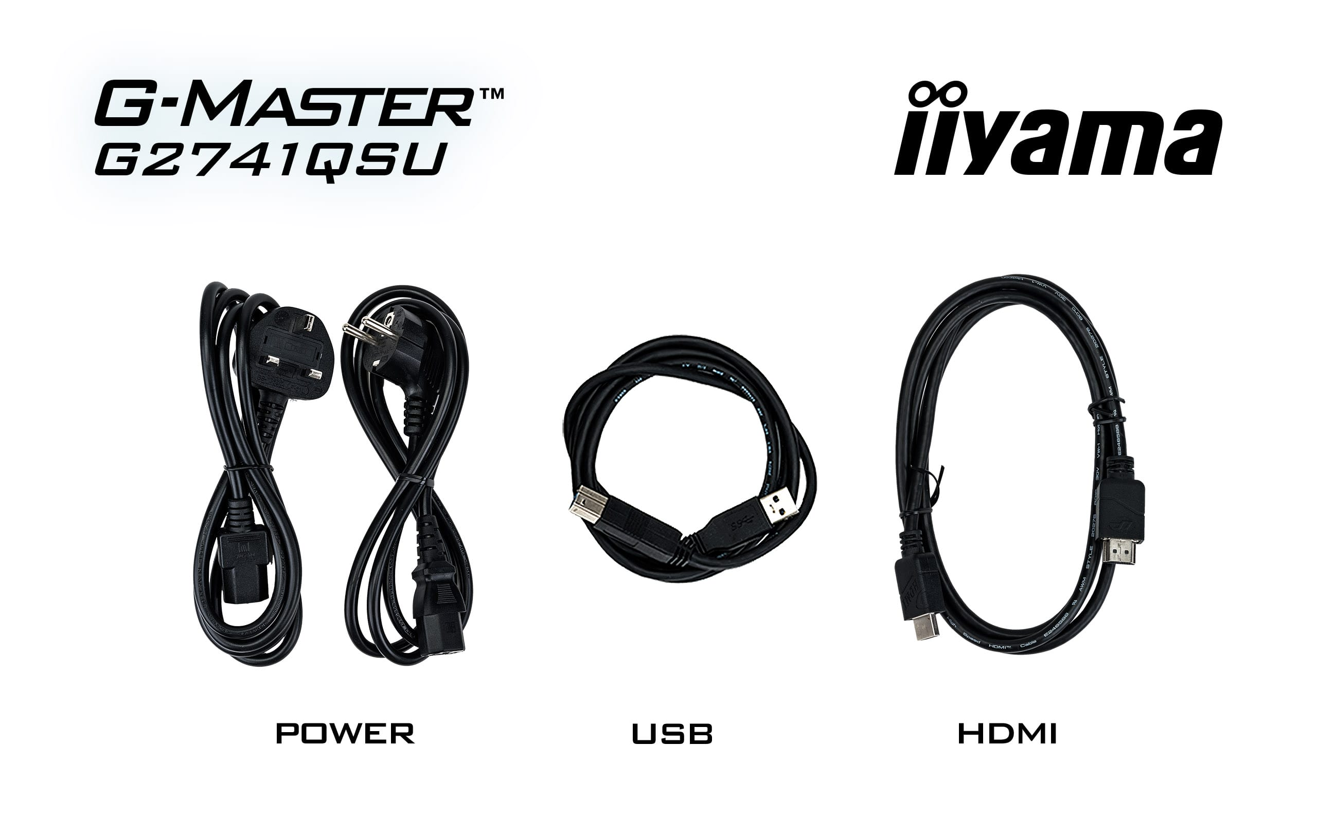 Trzy czarne kable: zasilający, USB i HDMI, z logo Iiyama i G-Master.