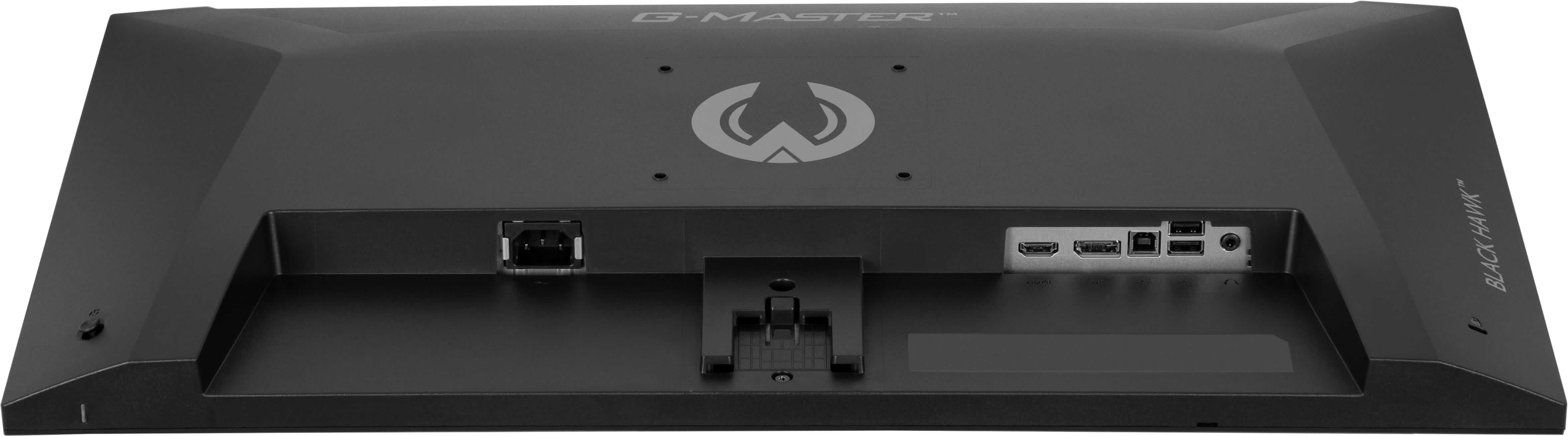 Tył czarnego monitora z portami: zasilanie, HDMI, DisplayPort, USB-A i audio.
