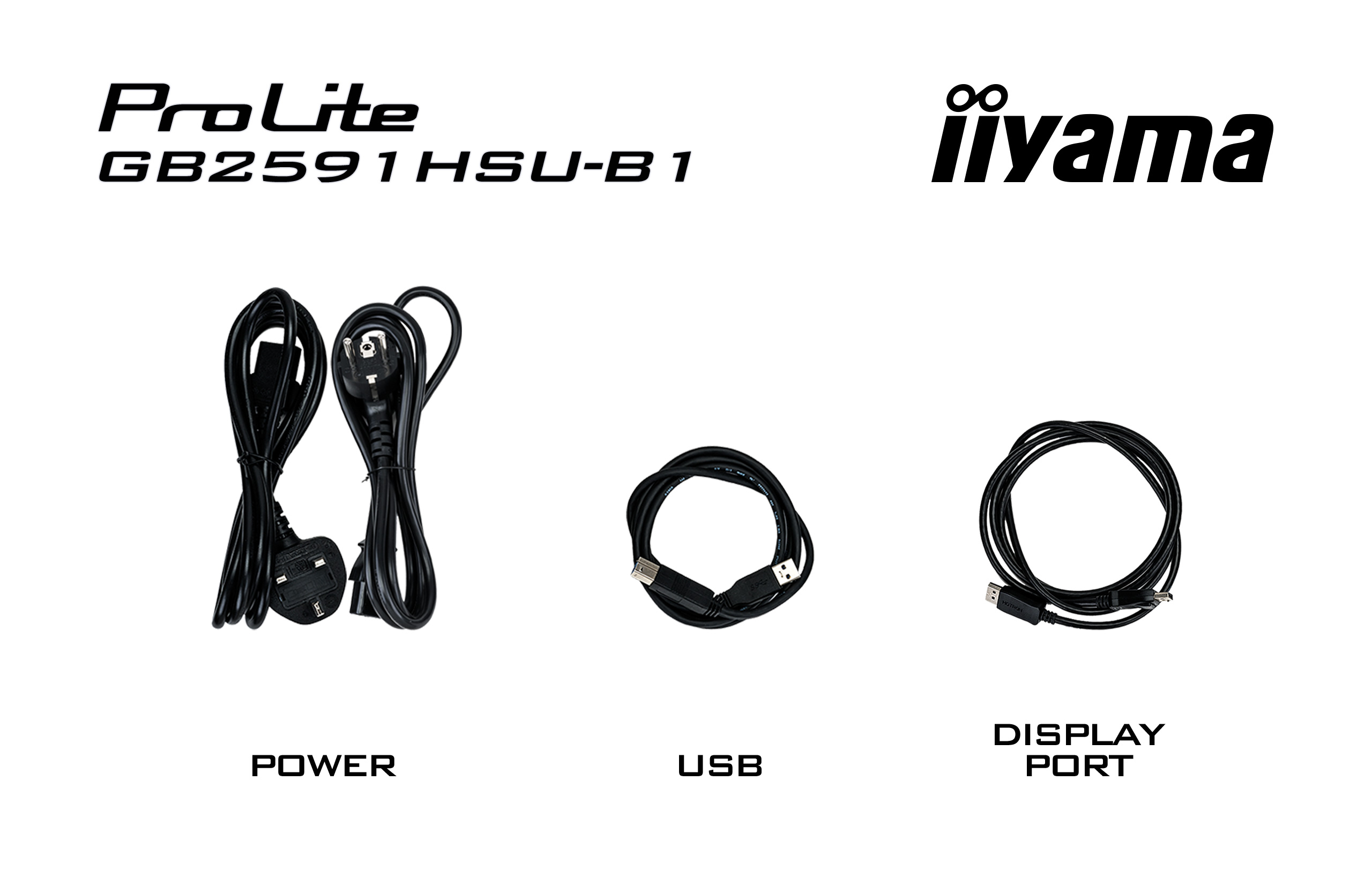 Trzy czarne kable: zasilający, USB i DisplayPort, z nazwami marek.