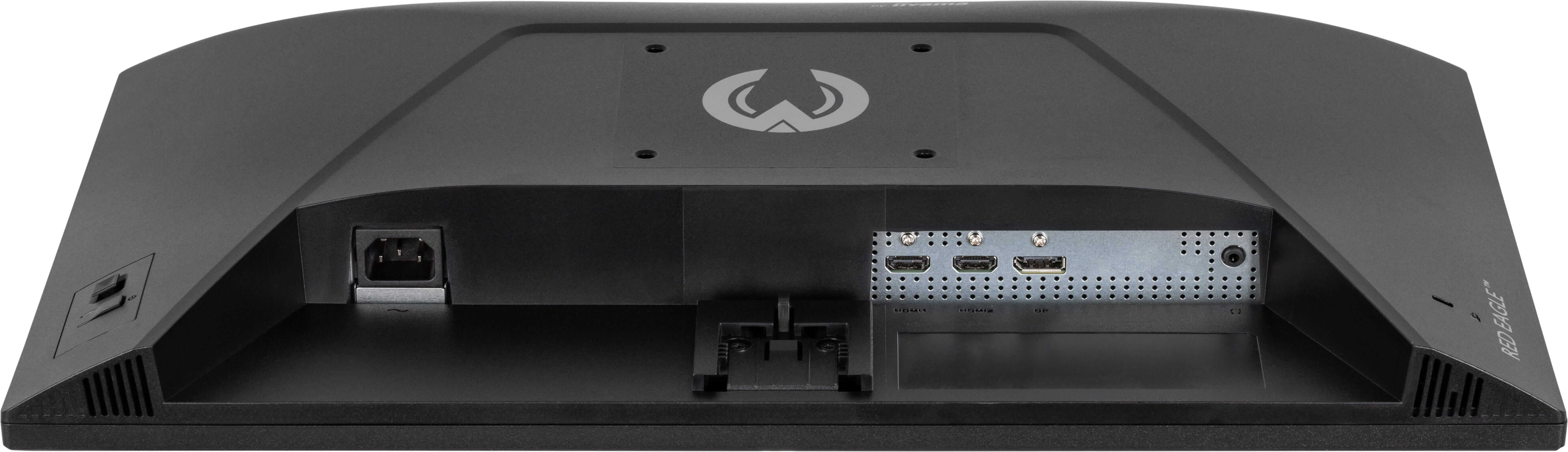 Tył czarnego monitora pokazujący złącza zasilania, HDMI, DisplayPort i audio.