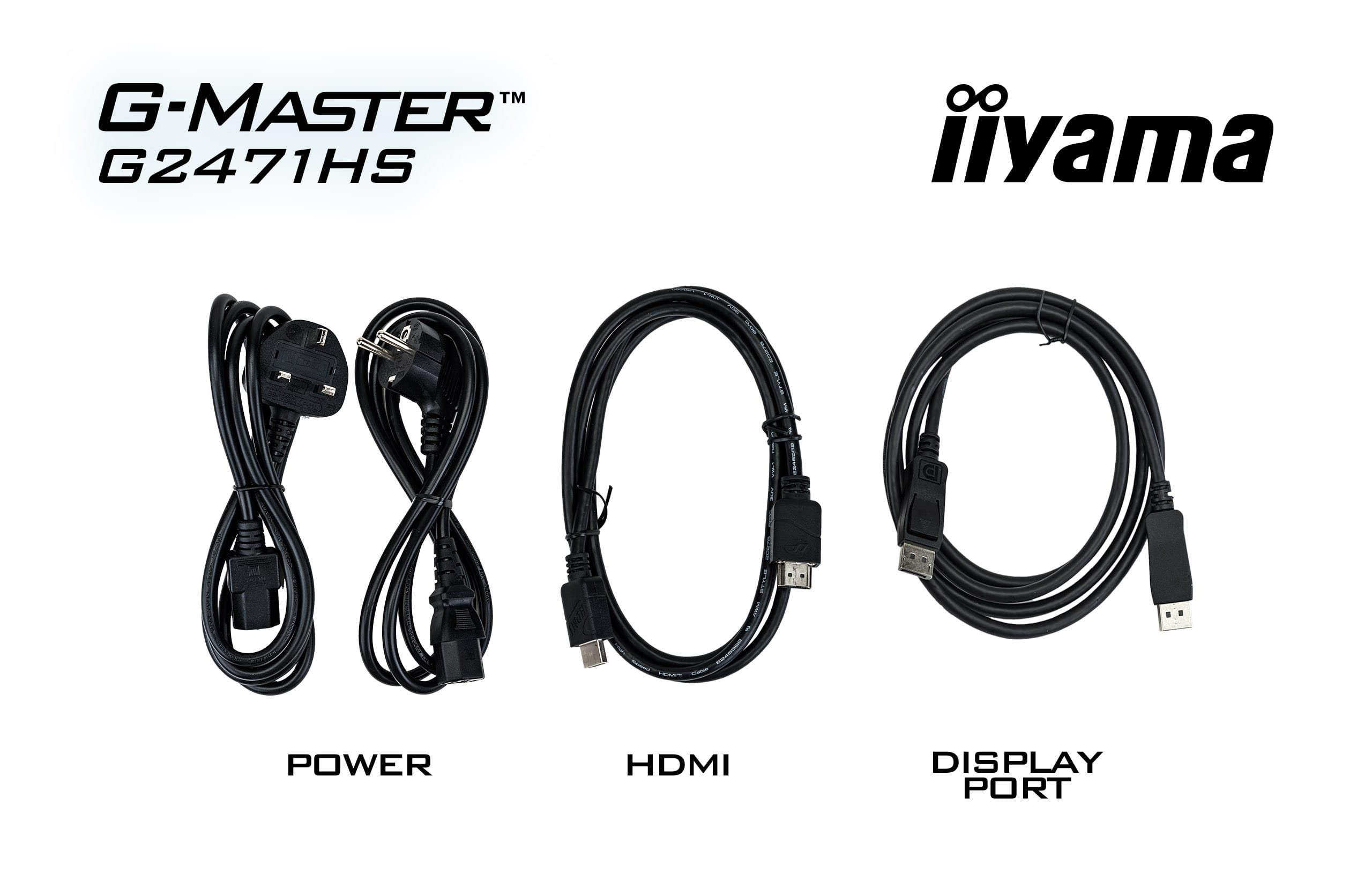 Trzy czarne kable: zasilający, HDMI i DisplayPort, z logo Iiyama.