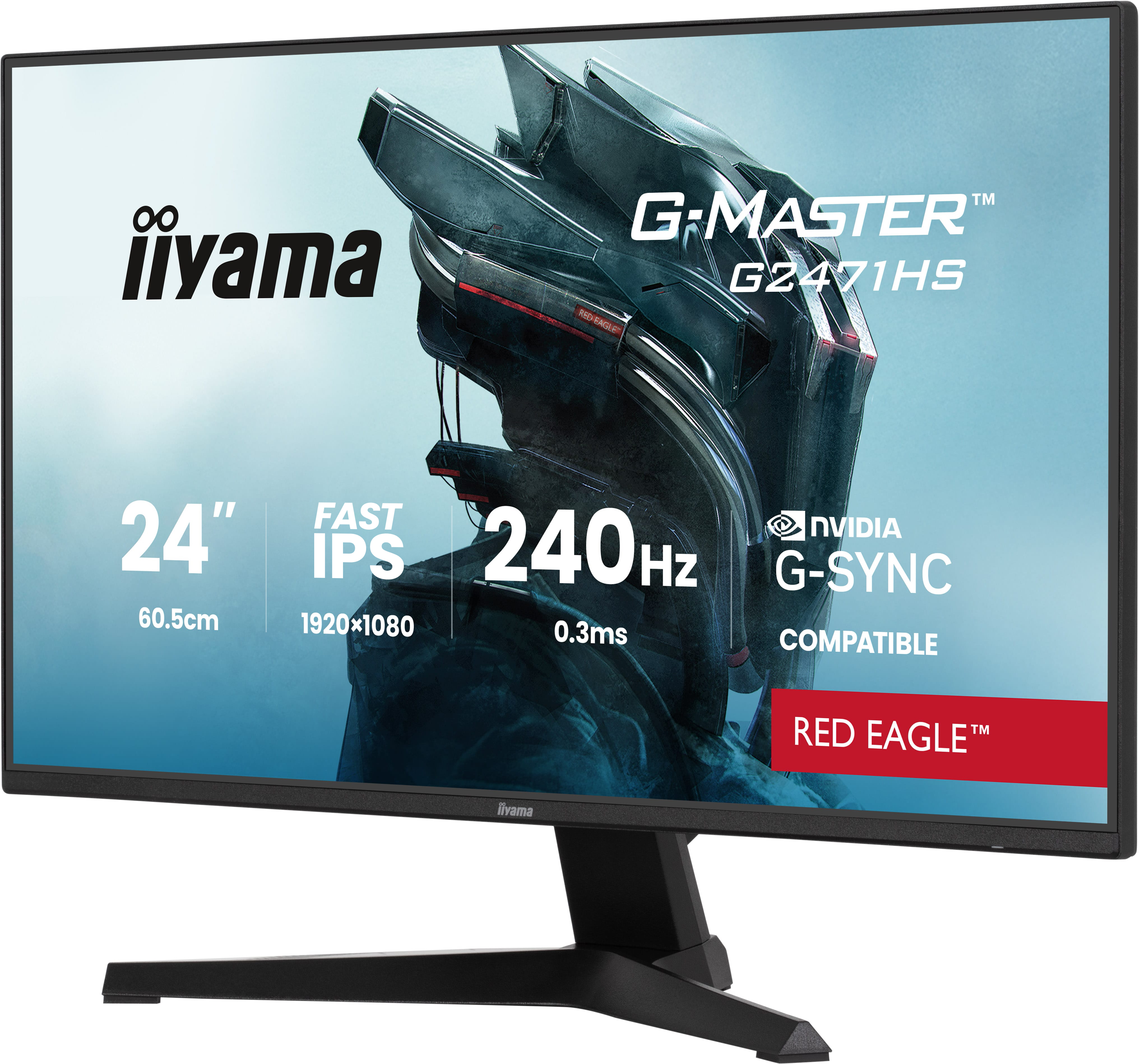 Czarny monitor z logo iiyama G-Master, 24 cale, 240Hz, G-SYNC.
