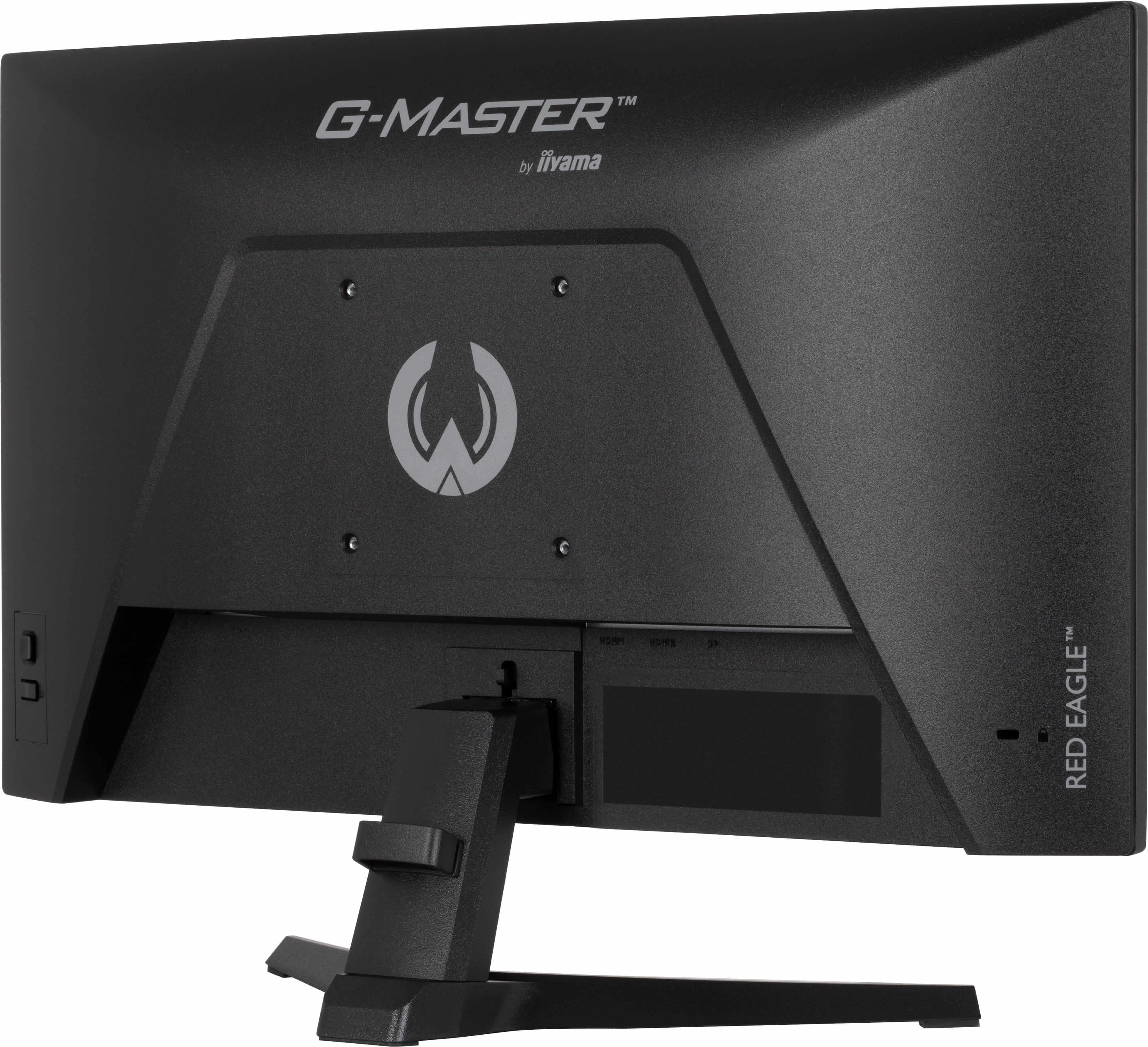 Tył czarnego monitora z logo i portami. Marka G-Master.