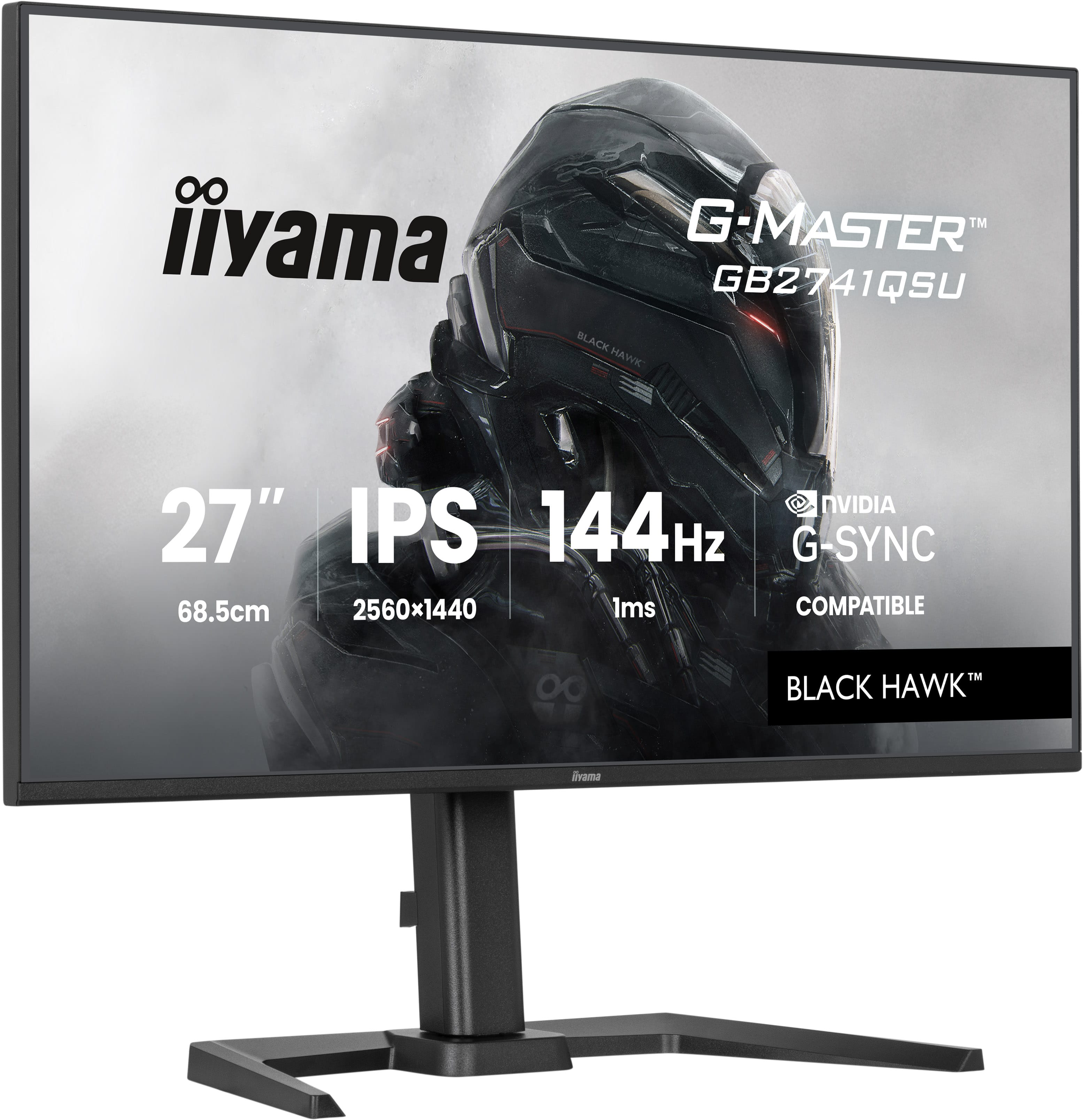 Monitor Iiyama 27 cali z czarną postacią cyberpunk i specyfikacjami.