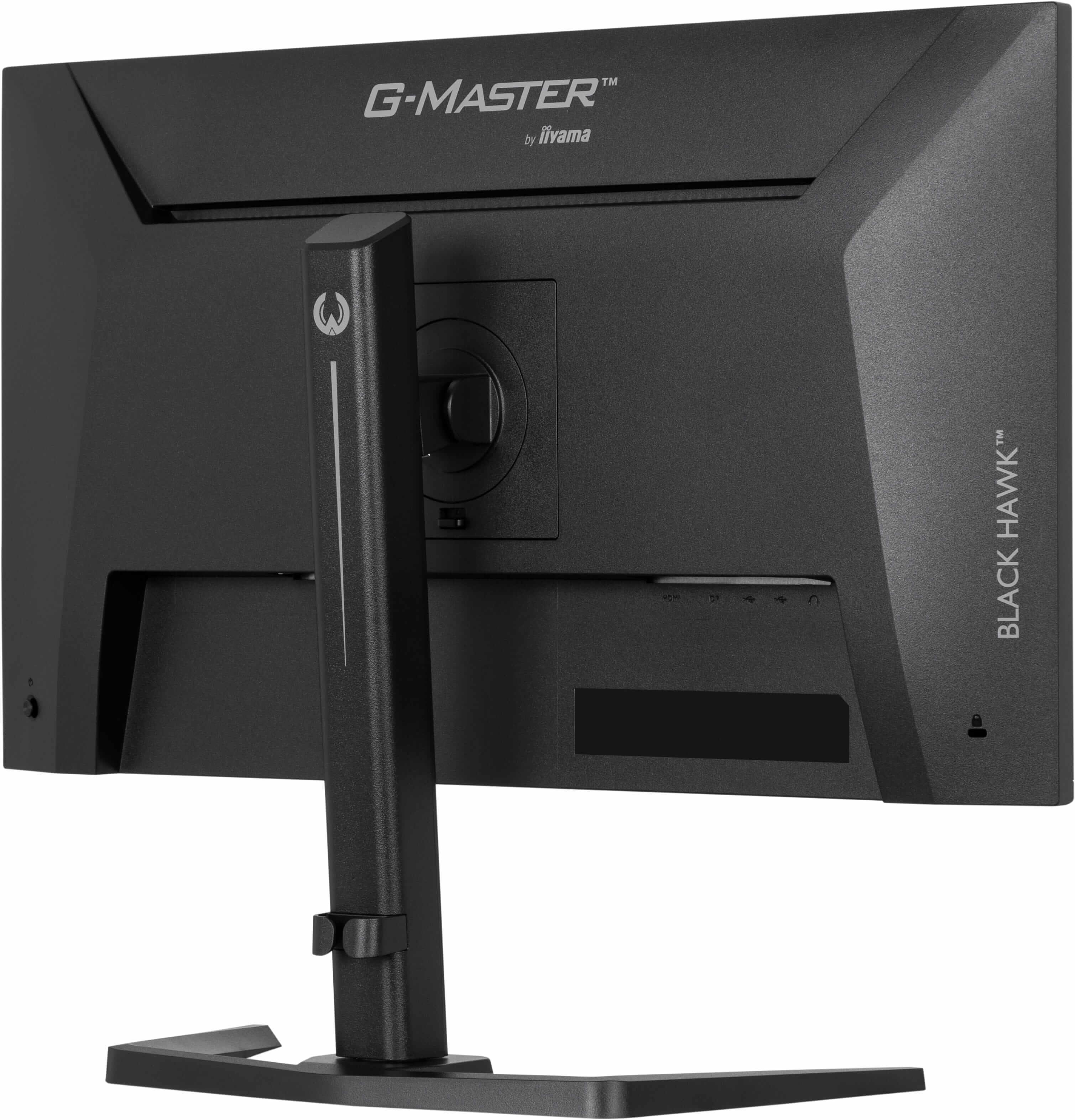 Tył czarnego monitora ze stojakiem i portami. Logo G-Master.