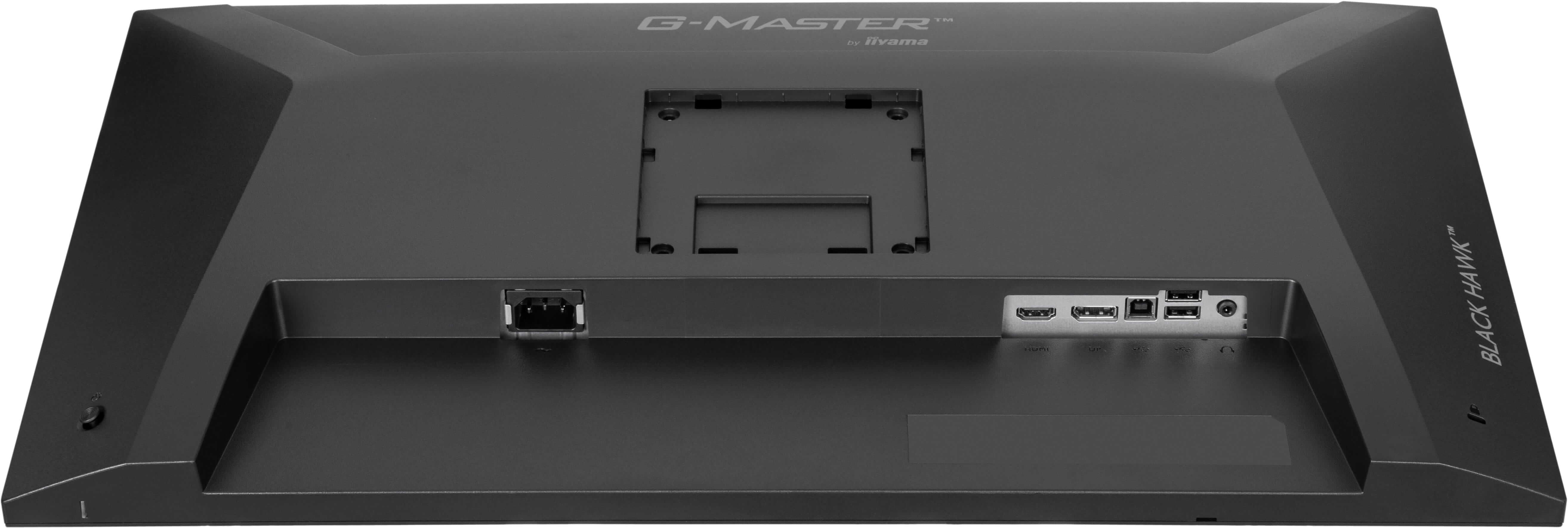 Tył czarnego monitora z portami zasilania, HDMI, DP, USB i audio.