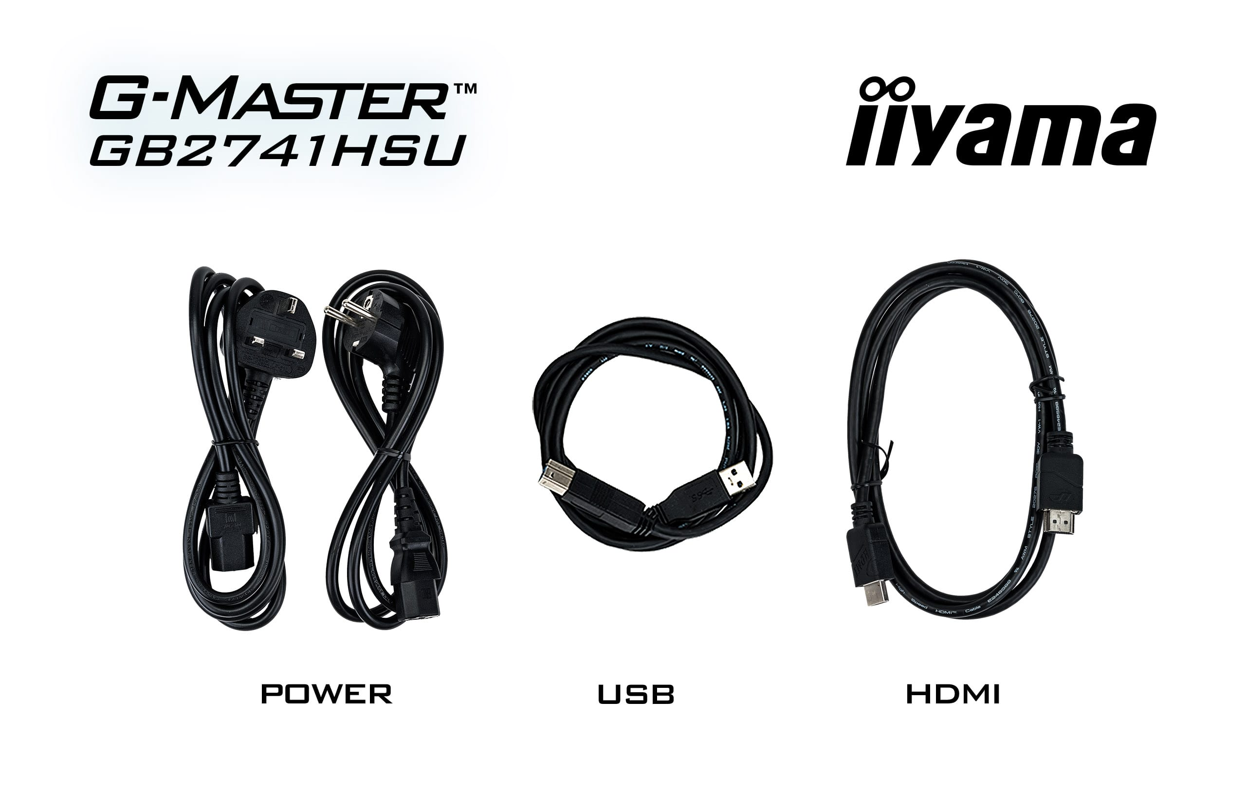 Trzy czarne kable: zasilający, USB i HDMI, z logo marki.