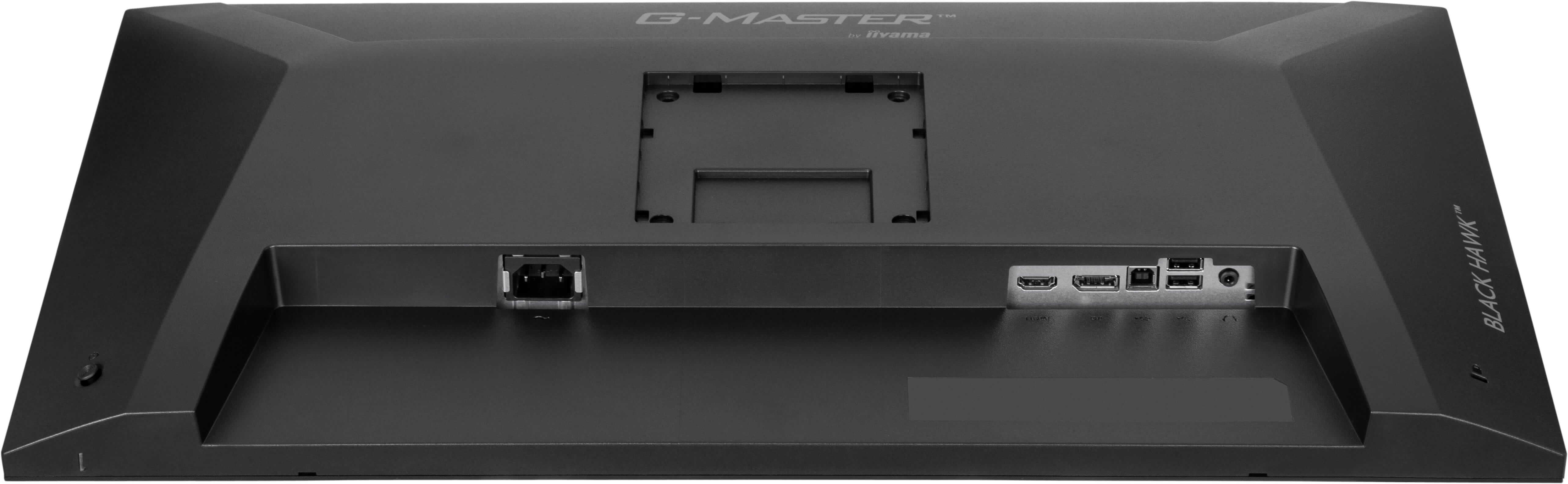 Tył czarnego monitora z portami zasilania, HDMI i USB.